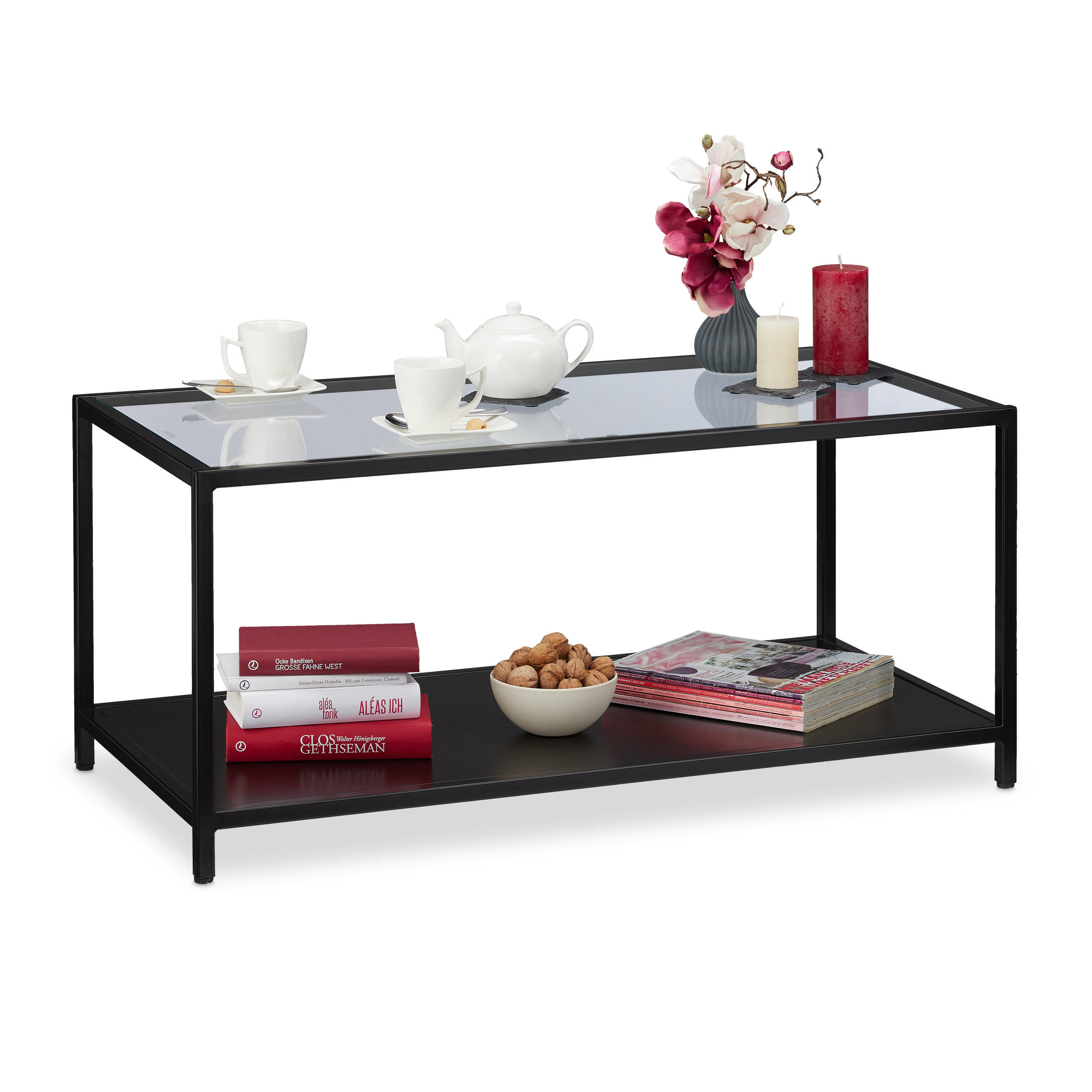 COUCHTISCH - Schwarz, Glas/Holzwerkstoff (50/100/45cm) - Relaxdays