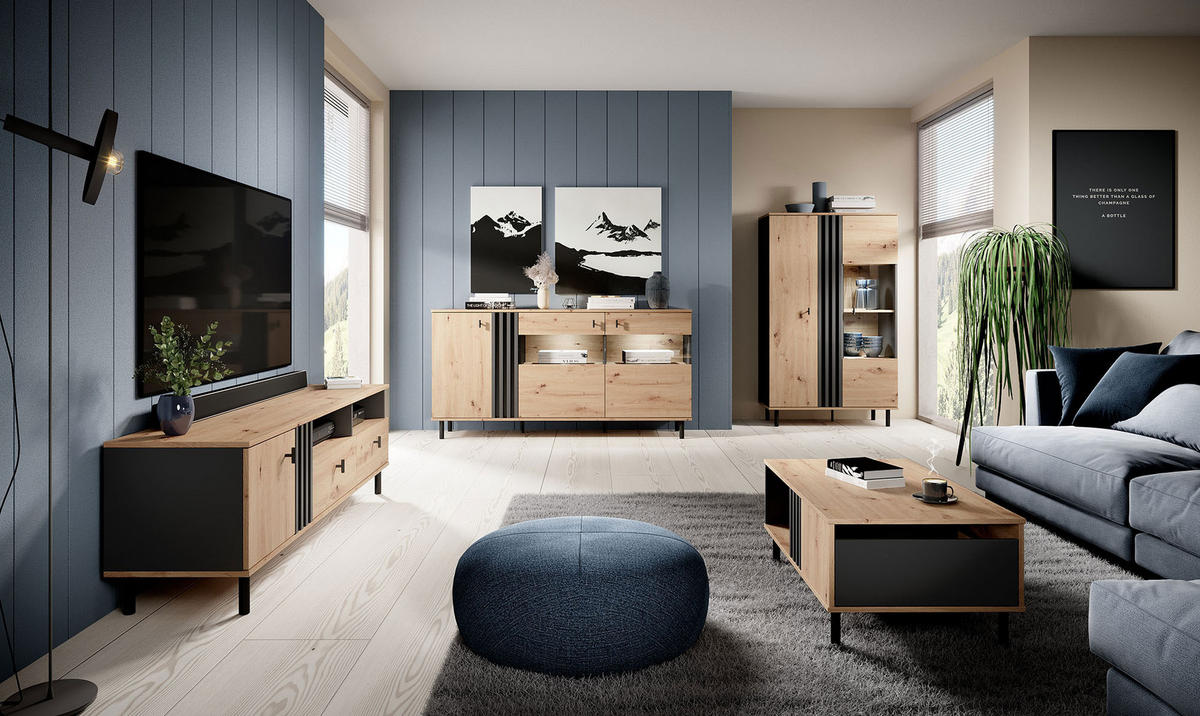 WOHNZIMMER-SET Madis sand grange eiche / anthrazit 4-teilig - Braun, Holz/Holzwerkstoff (420.3/148.8/40cm) - Feldmann-Wohnen