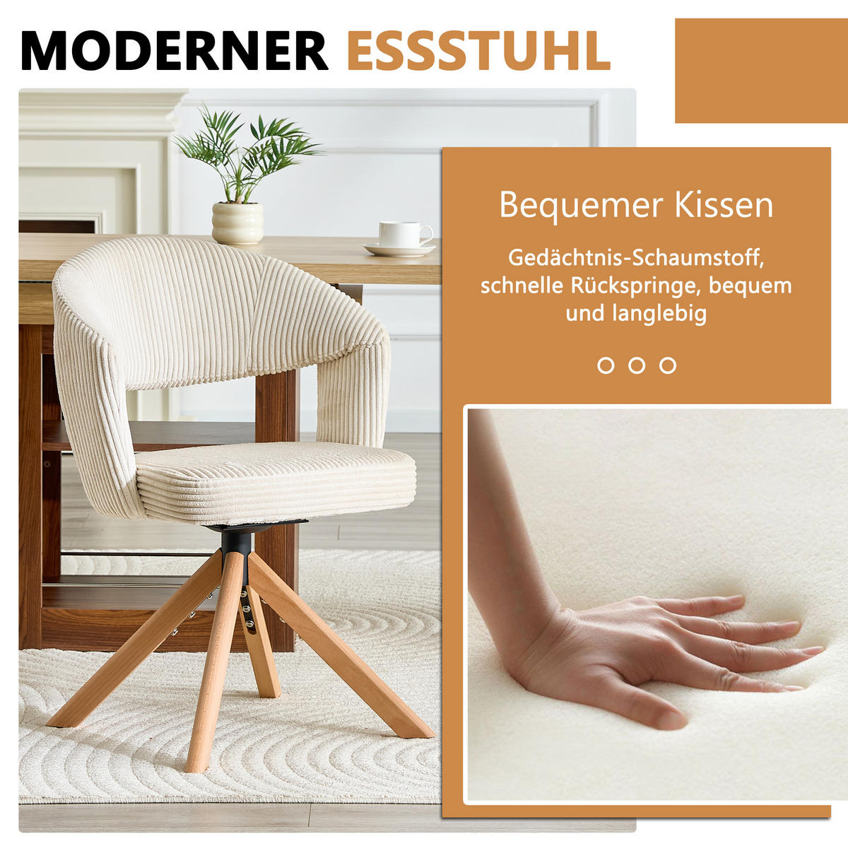 ESSZIMMERSTÜHLE 2er-Set Drehbar Cord Massivholz Retro-Stil - Beige, Textil (47/81.5/47.5cm) - Urban Meuble