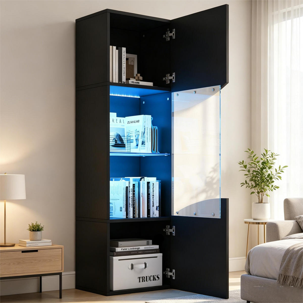 VITRINE schwarz mit gehärtetem Glas, asymmetrischer geschwungener Form 35 × 50 × 165 cm aus Spanplatte und Glas - Schwarz, Holzwerkstoff (50/165/35cm) - Luhomfu