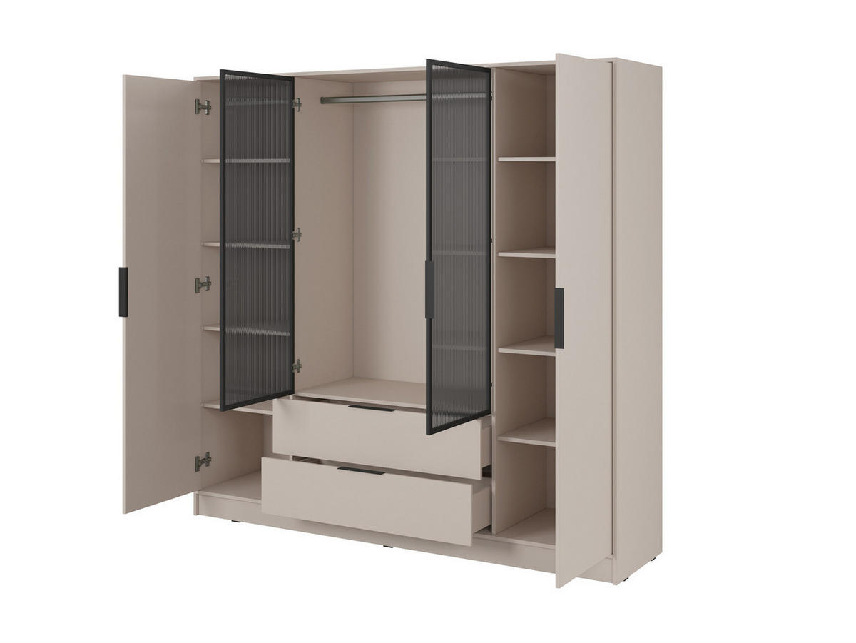 KLEIDERSCHRANK RICADI 4D RM (Kaschmir, Riffelglas, 4 Türen, 2 Schubladen, Kunststoffgriffe) - Kaschmir/Schwarz, Holz/Holzwerkstoff (206/200/51cm) - Ravio