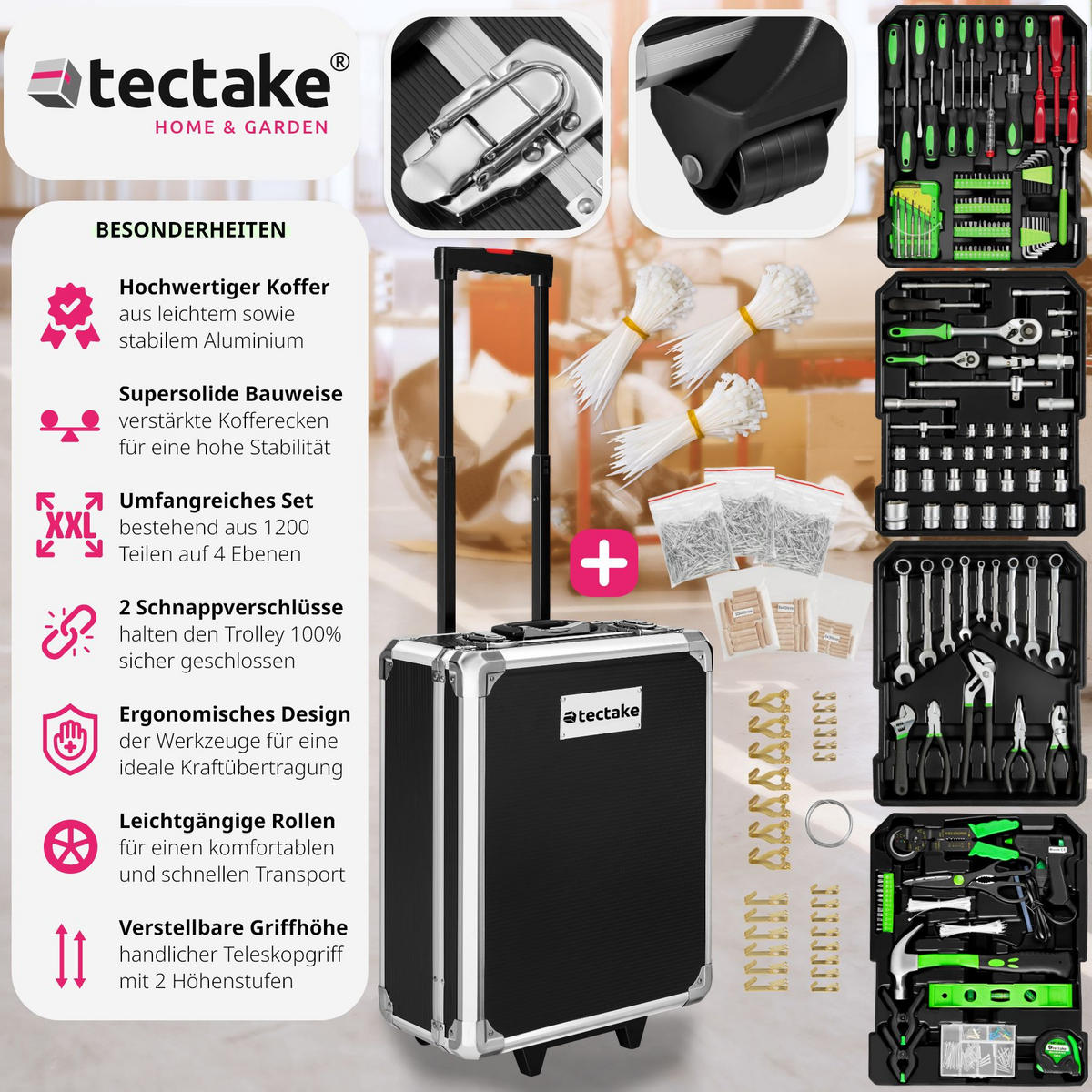 WERKZEUGKOFFER ,mit Klappgriff und Teleskopgriff,schwarz - Schwarz, Metall (20/100/37cm) - tectake