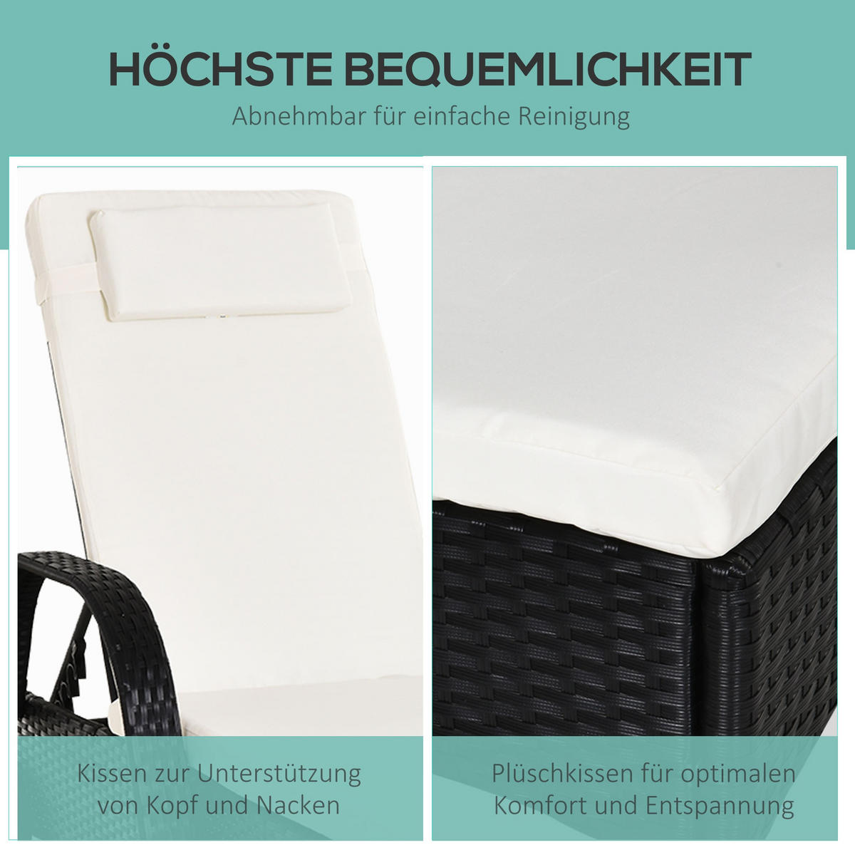 SONNENLIEGE, Polyrattan+Metall, Schwarz - Multicolor, Kunststoff (73/103/200cm) - Outsunny