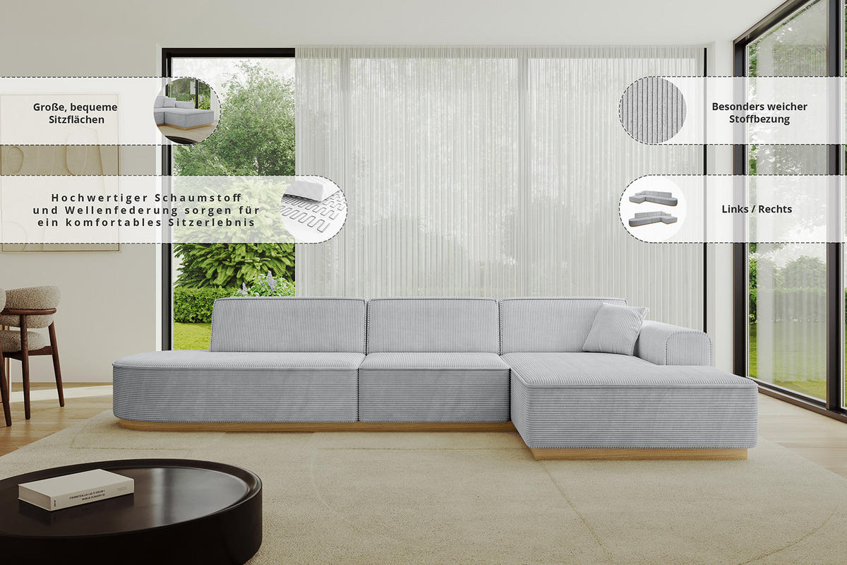 ECKSOFA Ottomane Rechts IREA-L2-v2 - 327x165x80 cm Hellgrau - Ecru, Holzwerkstoff/Textil (327/165cm) - ALTDECOR