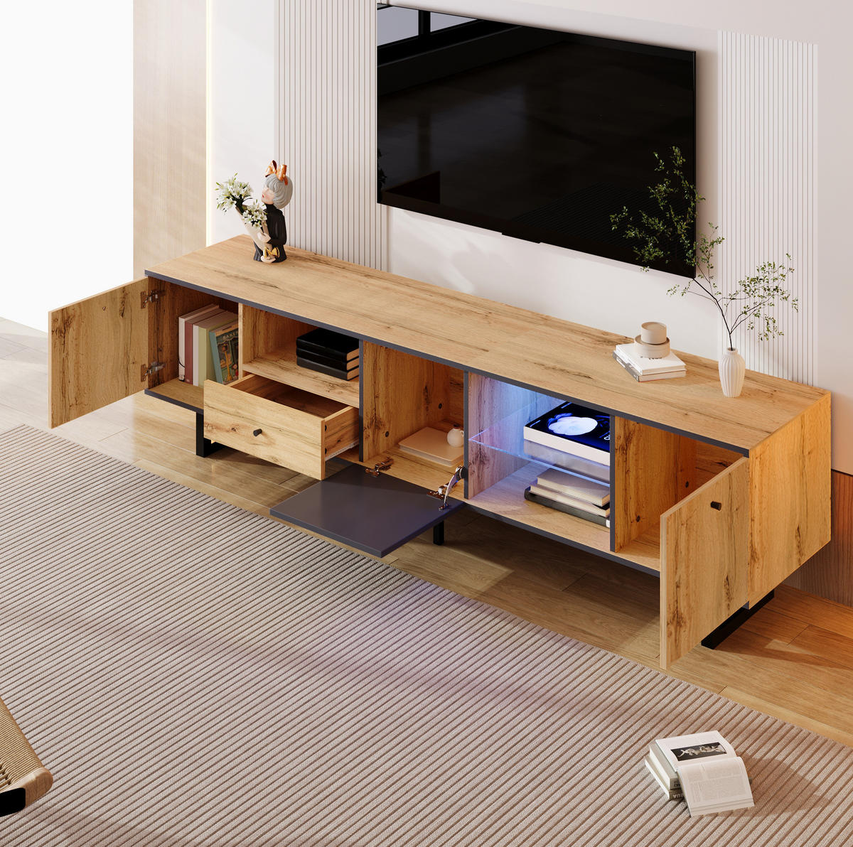 TV-LOWBOARD aus Spanplatte 190x40x50 cm Natur mit LED-Beleuchtung, App-Steuerung und Stauraum - Naturfarben, Holzwerkstoff (190/50/40cm) - IVMEU