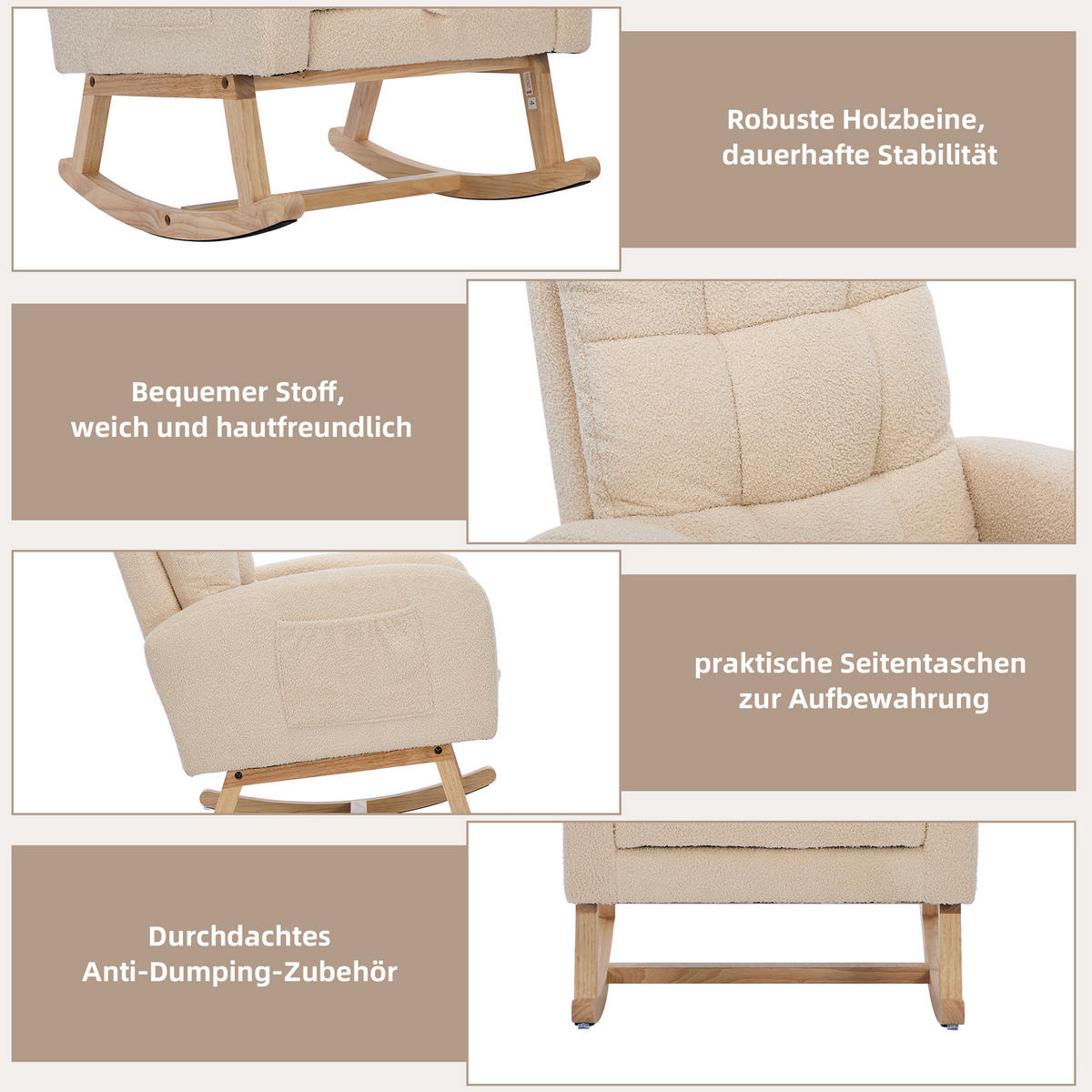SCHAUKELSTUHL Bouclé Beige mit Seitentasche - Beige, Holzwerkstoff/Textil (50/99/132cm) - WISHDOR
