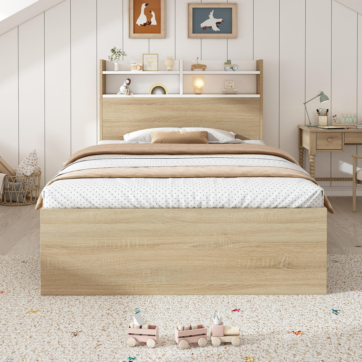 EINZELBETT 90/200 cm mit Kopfteil-Ablage, 2 Schubladen und offenen Fächern, mit Matratze, Weiß/Eiche - Weiß, Holzwerkstoff (90/200cm) - Redom