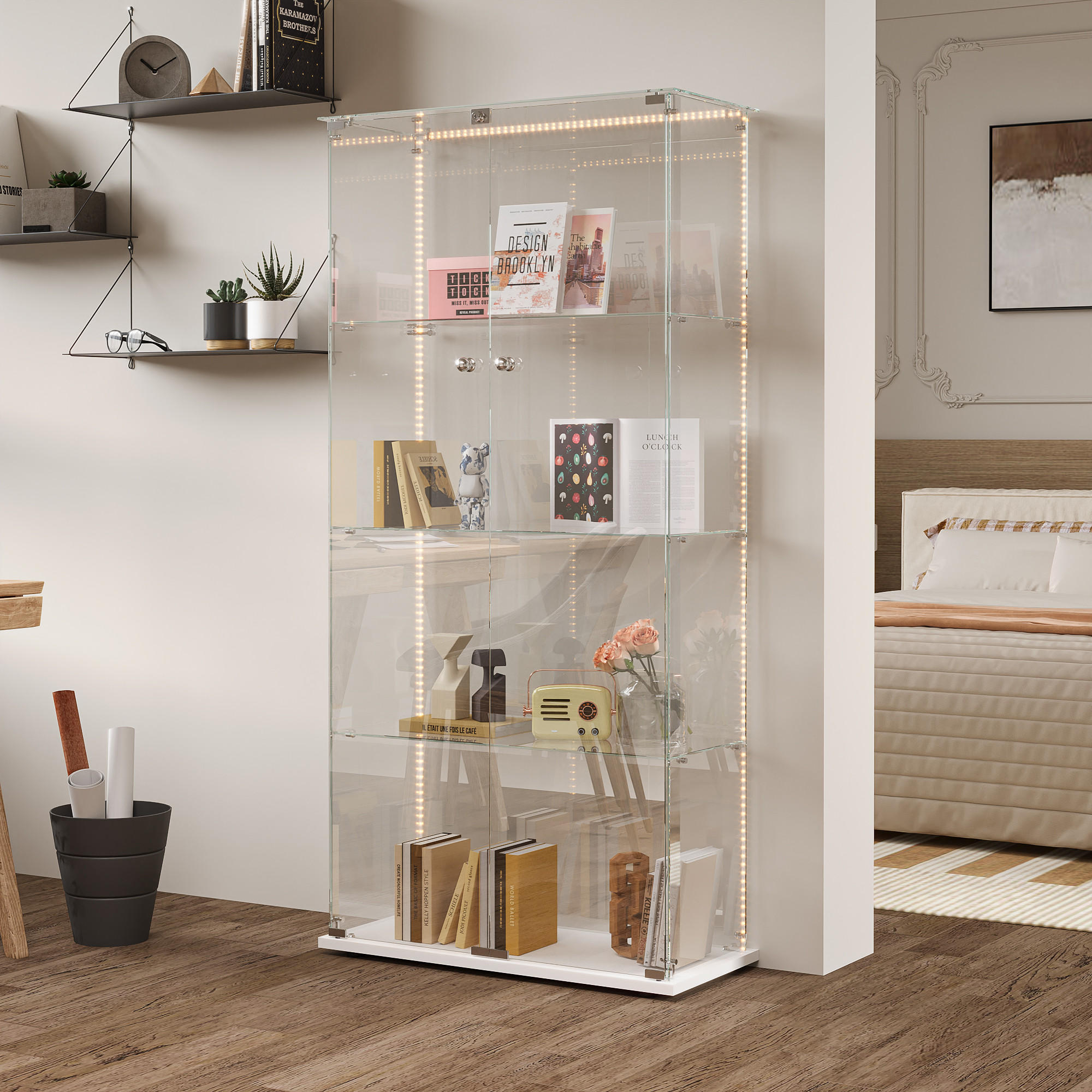 VITRINE Glas LED, 4 Einlegeböden, Doppeltür, Weiß - Weiß, Holz (35/163/78.5cm)