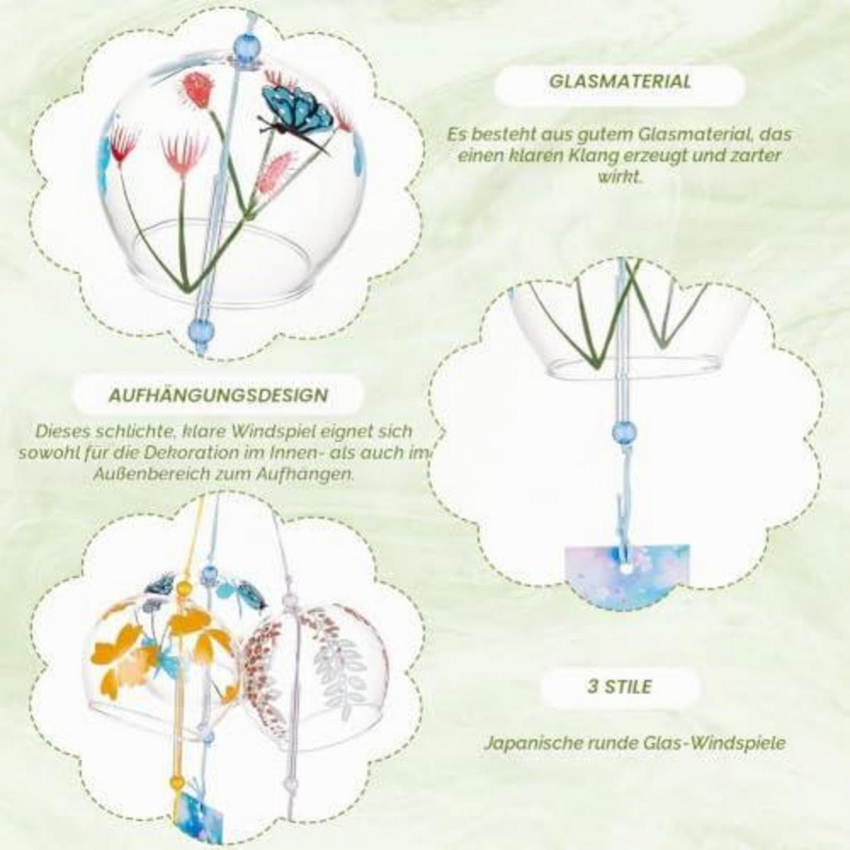 WINDSPIEL 3-teiliges Set Glas Himmelblau Gelb Violett - Multicolor, Glas (39.5/8/6cm)