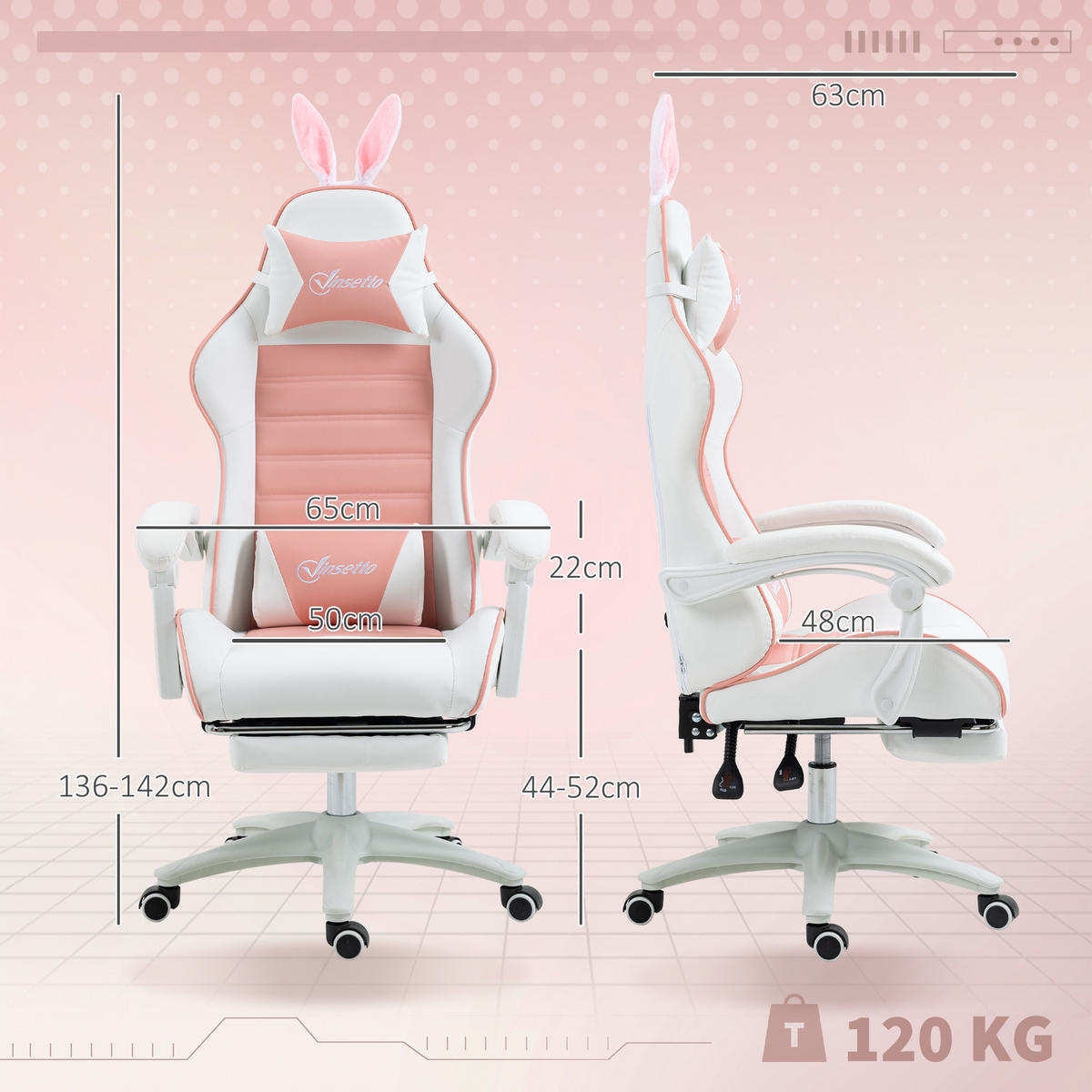 GAMING-SESSEL Rosa Kunstleder, Schaumstoff 65xx63x142 xm - Rosa, Kunststoff (63/142/65cm) - DESIGN IN