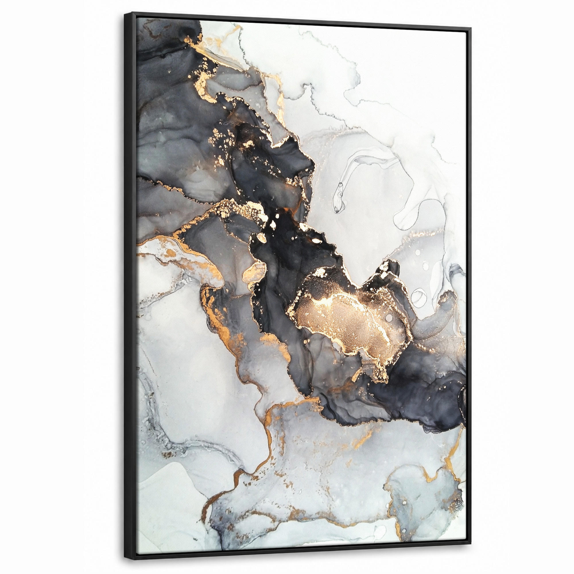 LEINWAND Bilder mit Rahmen - Marmor - Schwarz - Weiß - Gold - Luxus - Abstrakt - 100x150 - Goldfarben, Textil (100/150cm) - MuchoWow
