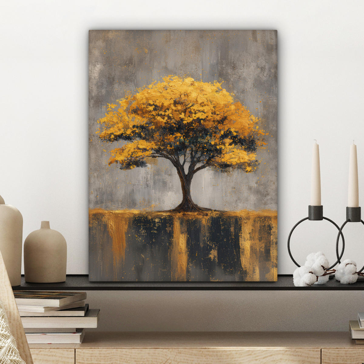 LEINWANDBILD Baum - Blätter - Gold - Abstrakt Room Decor 30x40 cm - Grau, Textil (30/40cm) - MuchoWow