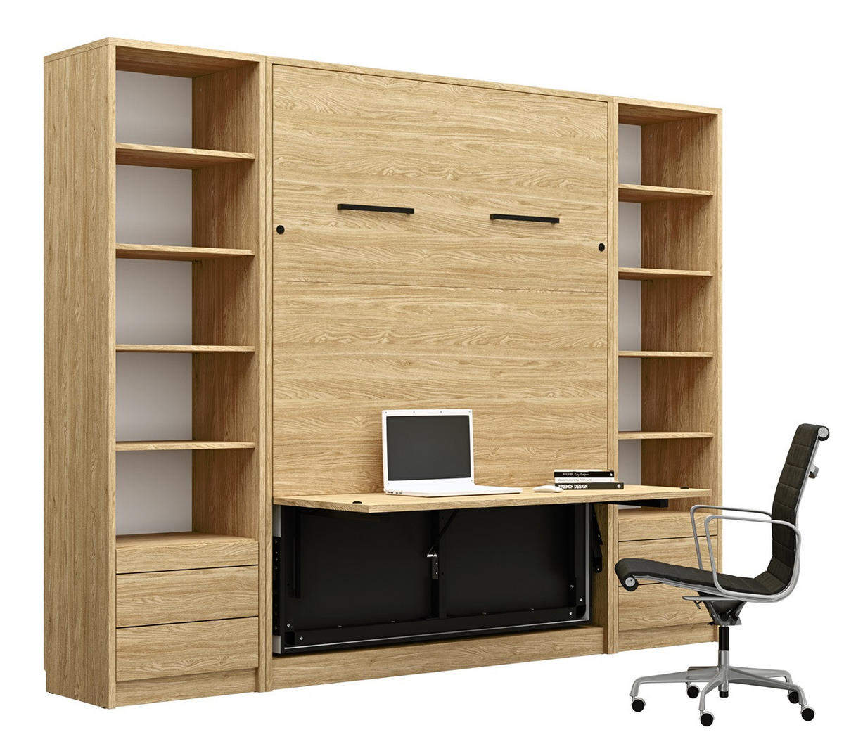 SCHRANKBETT vertikal GN120x200 mit Schreibtisch, LED und 2 Regalen - 3-teilig - Eiche geölt - Eichefarben/Schwarz, Holzwerkstoff/Metall (120/200cm) - QMM TraumMöbel