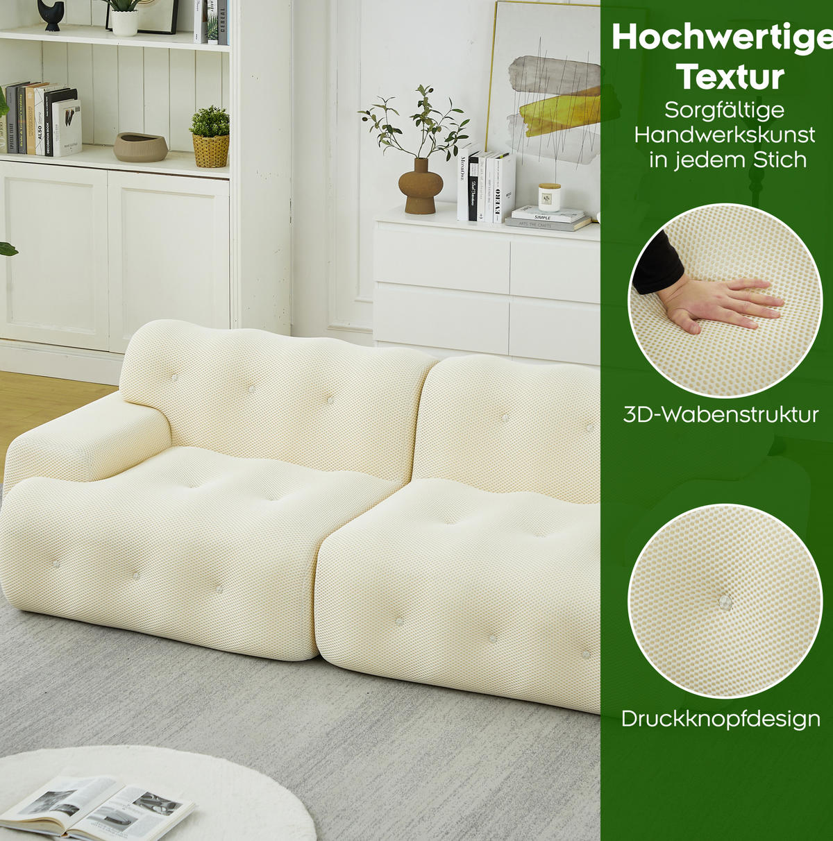 2-SITZER-SOFA aus Stoff 224x104x66 cm Beige montagefrei mit breiten Armlehnen und tiefem Sitzkomfort - Beige, Textil (224/66/104cm) - Modfu