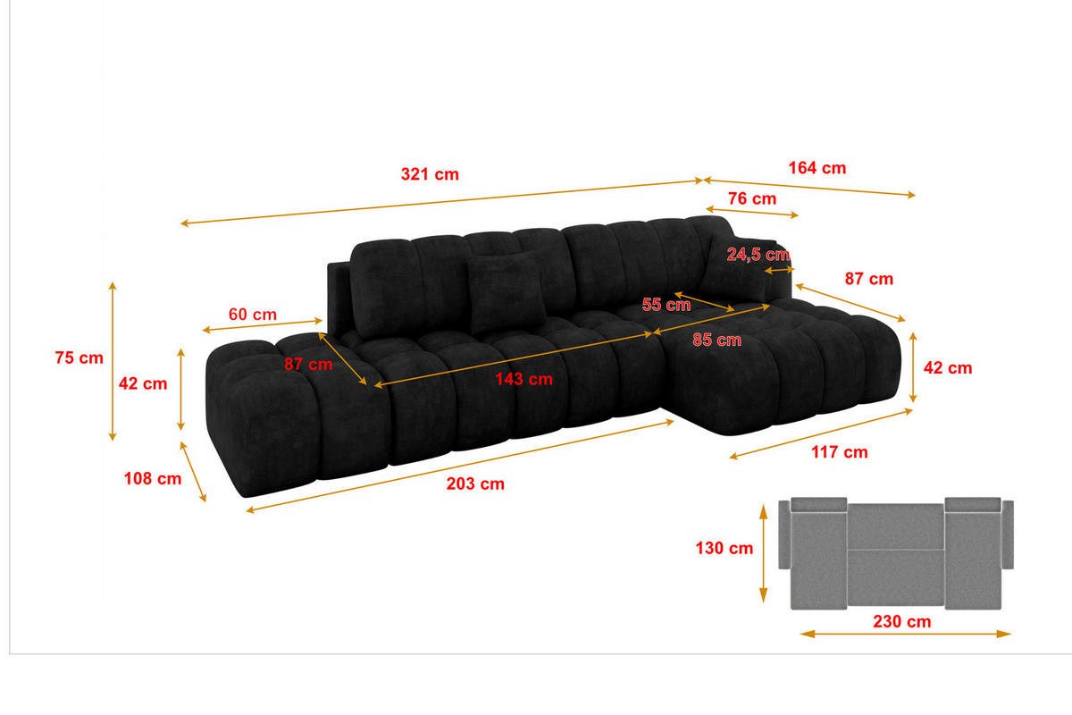 ECKSOFA mit Schlaffunktion Ottomane RECHTS OLEA-L2 321x164x75 Schwarz Velours - Schwarz, Holzwerkstoff/Kunststoff (164/321cm) - ALTDECOR