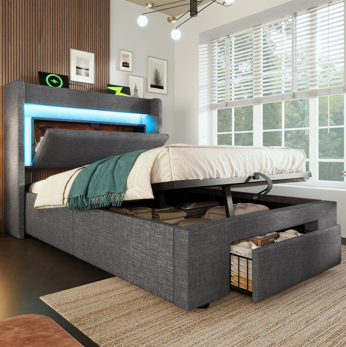 POLSTERBETT mit Stauraum, LED und USB 90x200 cm Leinen Gray mit Matratze - Grau, Metall (90/200cm) - Meubliv