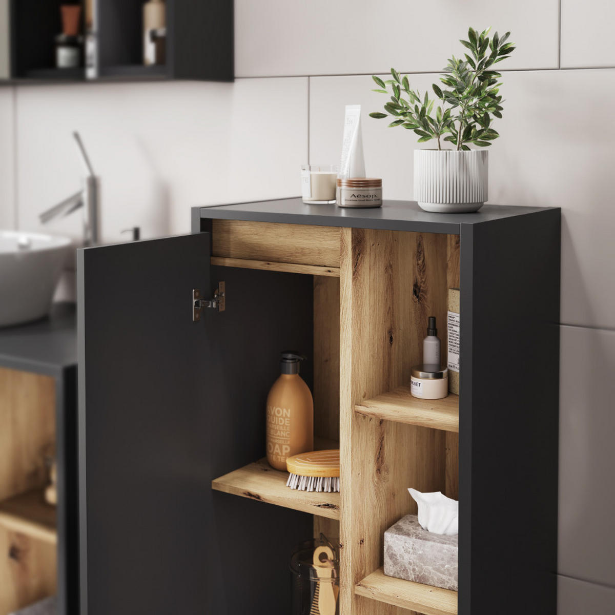 MIDISCHRANK Viola Grau/Artisan 50 x 86 cm mit offenen Regalen - Eiche Artisan/Grau, Holzwerkstoff (50/86/33cm) - Vicco