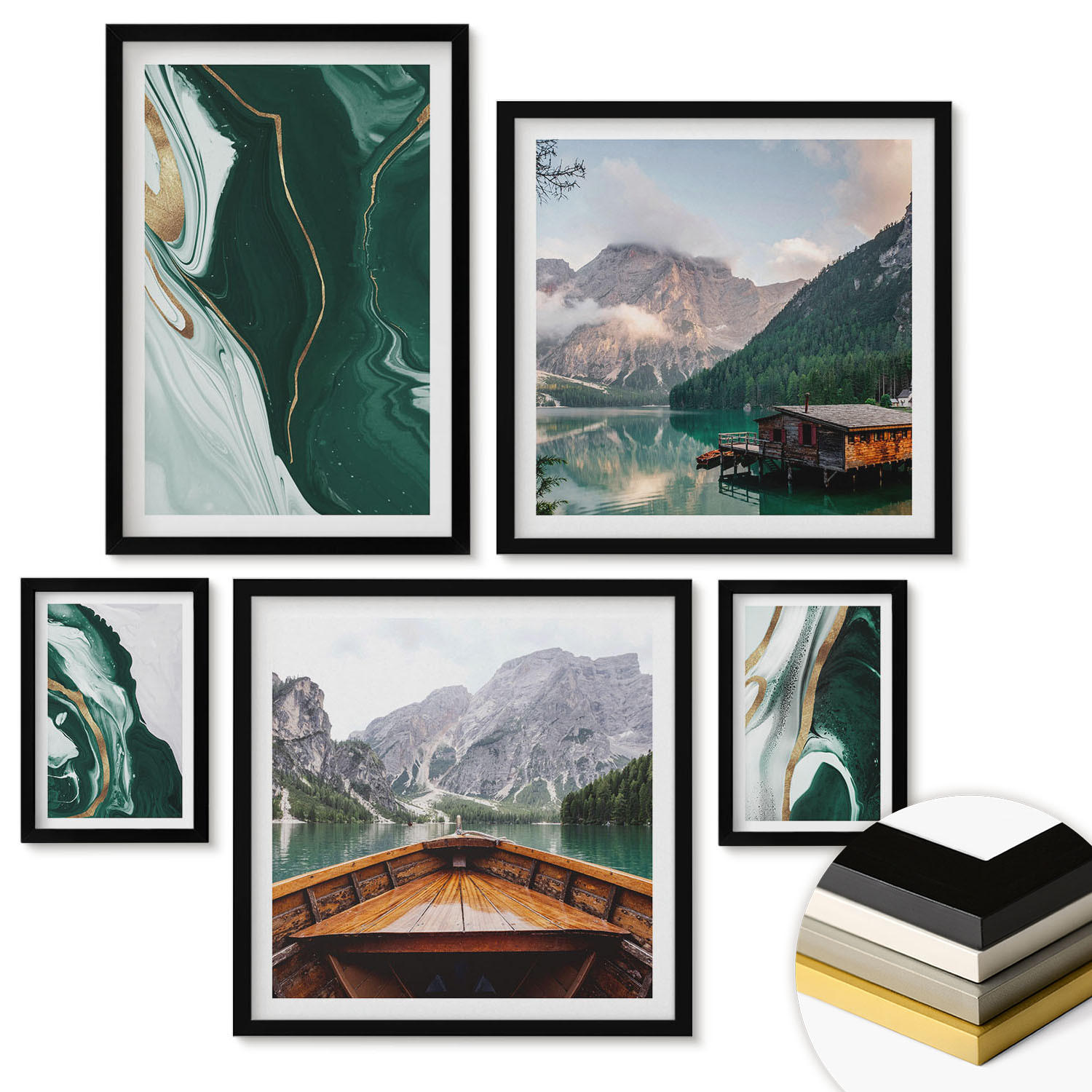 WANDBILDER 5er-Set - 50x50 cm & 20x30 cm & 40x60 cm Schwarzer Rahmen - Abstrakte Muster von Sukkulentenblättern - Schwarz, Kunststoff (40/60cm) - ArtPrintCave