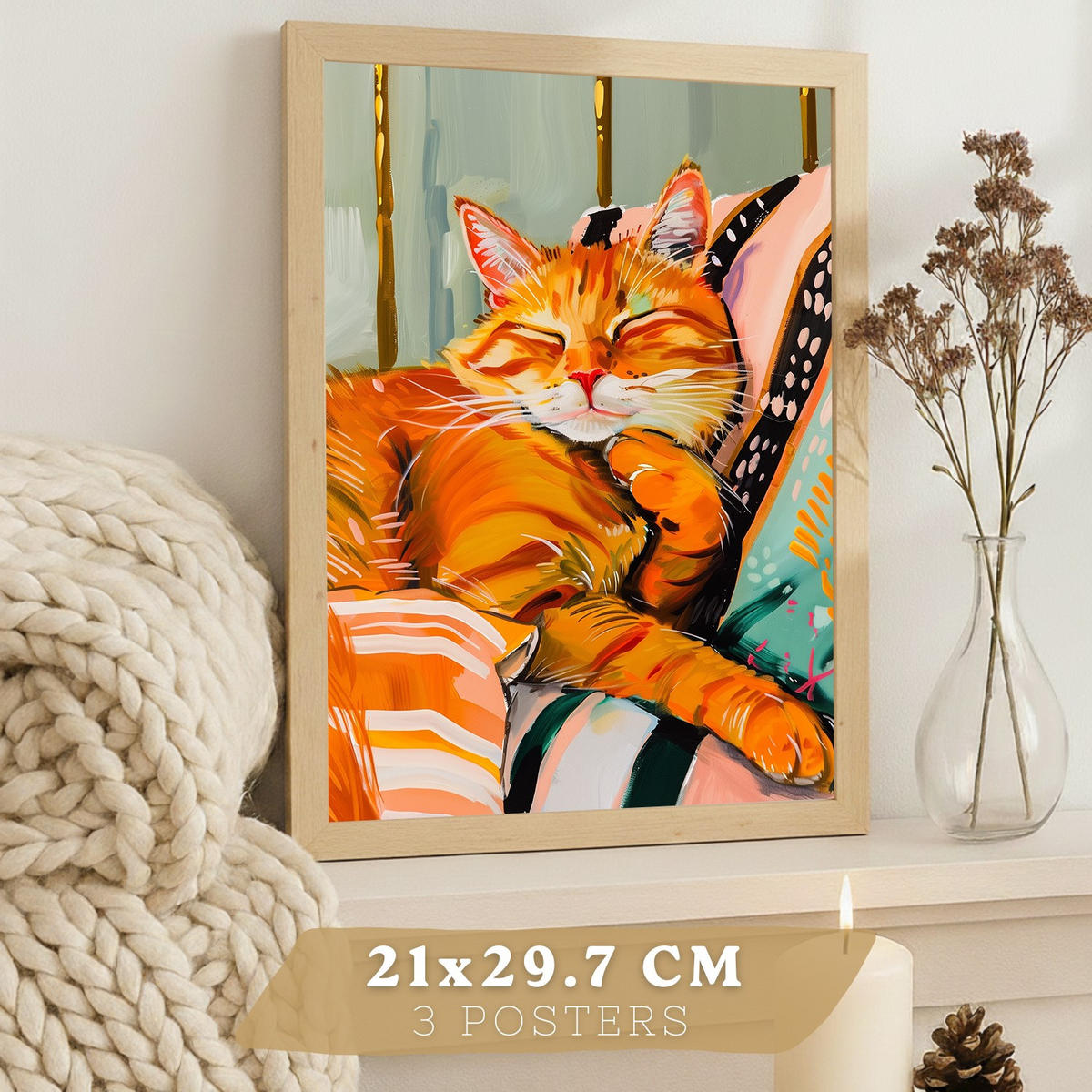 PLAKAT Sada tří dekorativních tisků nápadných koček. Fotografie moderního obývacího pokoje se zvířaty. Dekorace Koupelny Kuchyně A3 Bez rámu - čirá, papír (29.7/42/3cm) - Nacnic