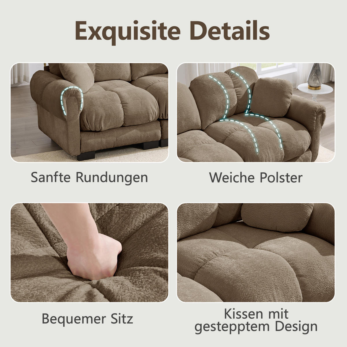 SOFA 330/86/90 cm in Braun aus Chenille mit Steppnähten und Stecksystem - Braun, Textil (86/90/330cm) - Flora Grace