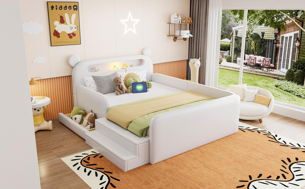 KINDERBETT 140/200 cm in Weiß mit Bettkasten, Nachtlicht und USB - Weiß, Holzwerkstoff/Textil (140/200cm) - CHICFURN