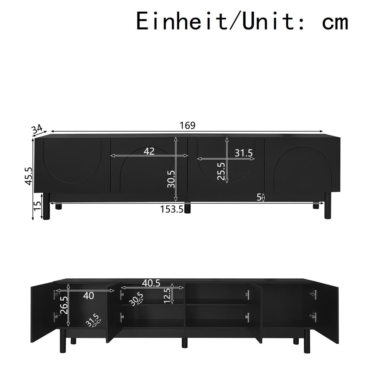TV-LOWBOARD 169/34/45,5 cm mit 4 Türen in Schwarz - Schwarz, Holzwerkstoff (169/45.5/35cm) - BEAOK