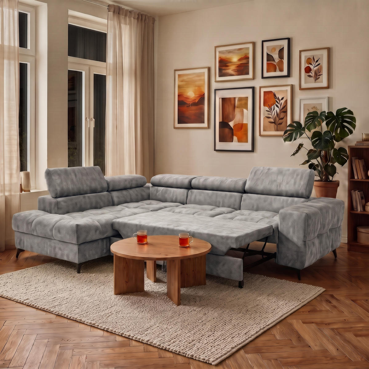 ECKSOFA PUDDING L Links mit Schlaffunktion 128x197 Velours Grau - Schwarz/Grau, Holz/Textil (270/204cm) - Muffo