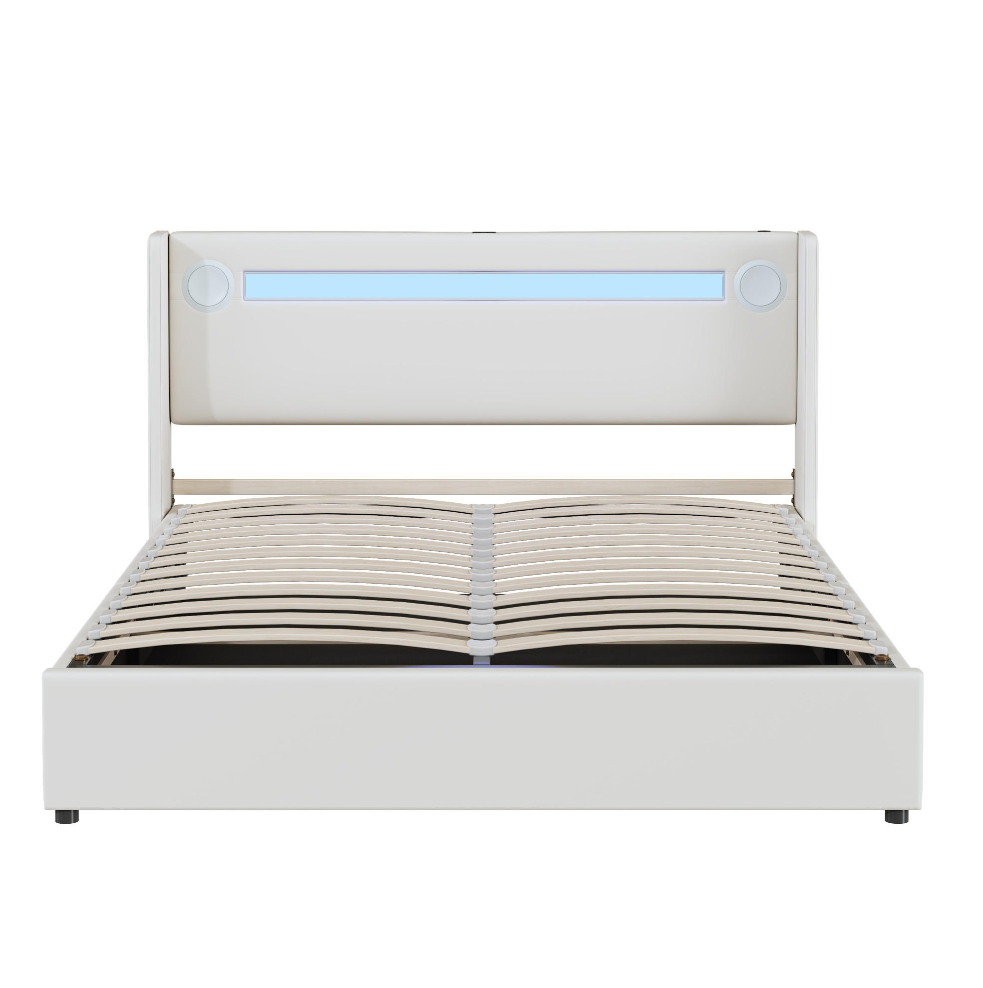 ČALÚNENÁ posteľ 160/200 cm biela s LED osvetlením Bluetooth reproduktorom USB nabíjaním a úložným priestorom z PU kože - biela, plast (160/200cm) - OKWISH