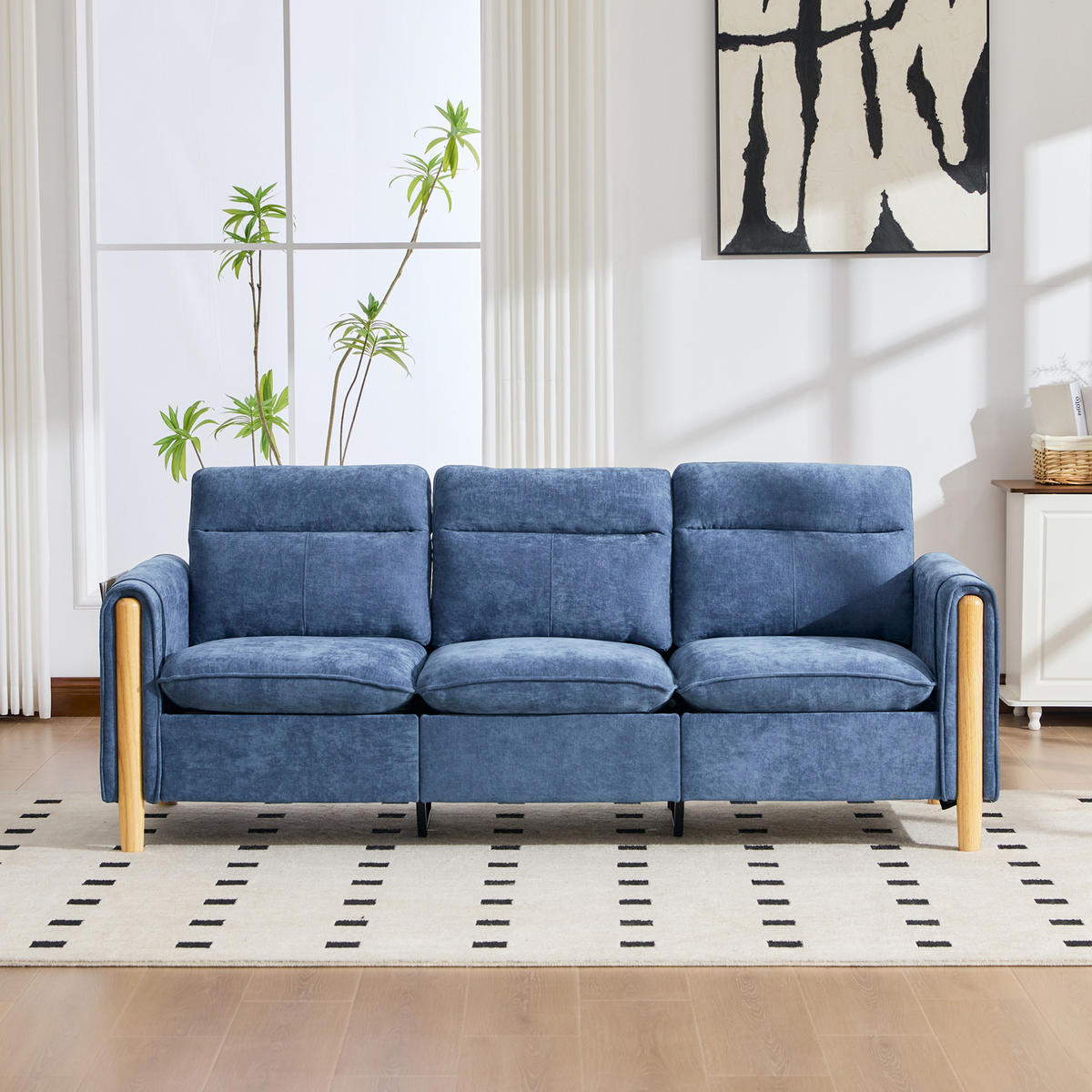 SOFA mit Stauraum-Hocker L-Form 201 cm Chenille Blau - Blau, Holz (77/201cm) - Meubliv