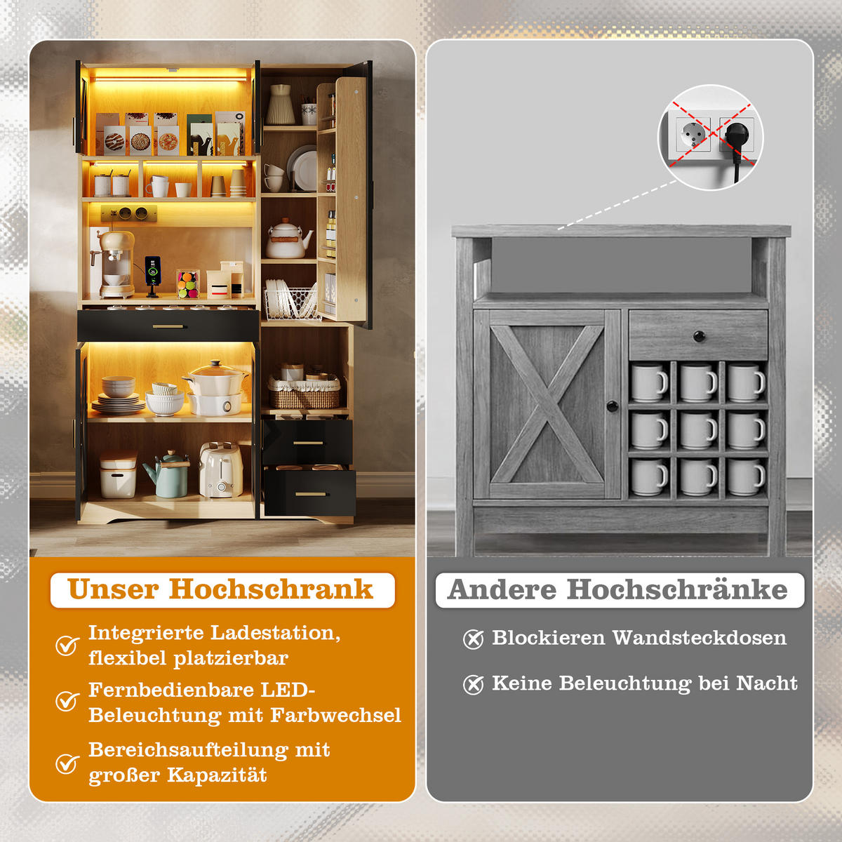 BUFFET 105/39/185 cm Schwarz mit farbwechselnder LED-Beleuchtung und 2 Schublade - Naturfarben, Holz (105/185/40cm) - Oxeza