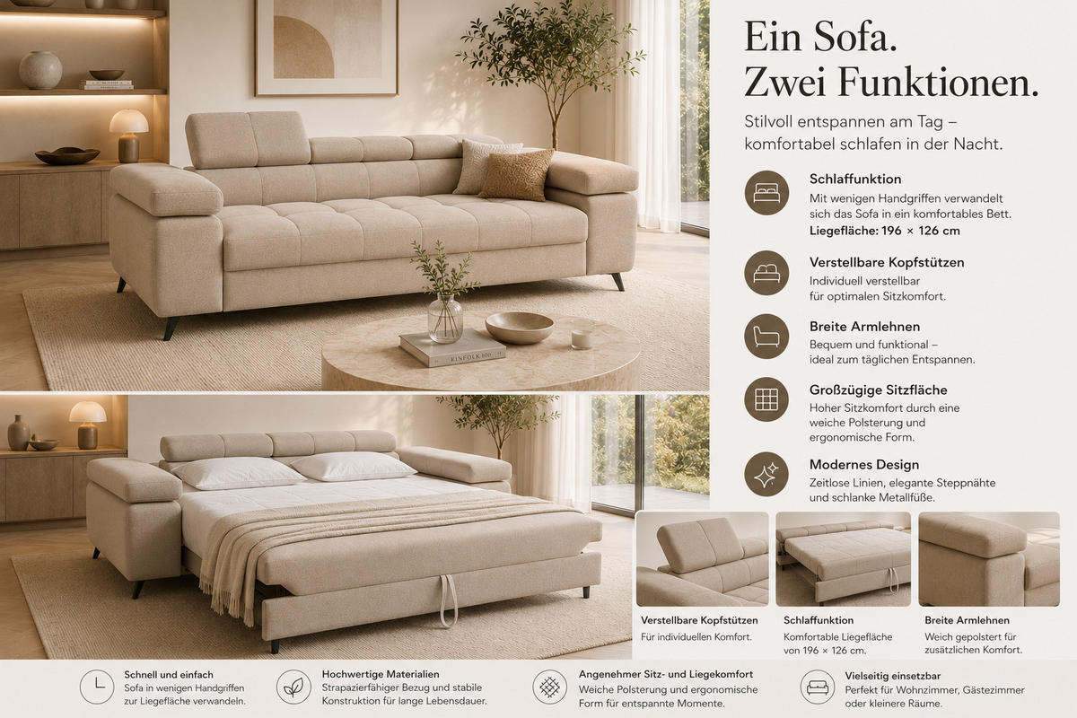 SCHLAFSOFA FJORD, 3-sitzer, verstellbarer Kopfstütze, Schlaffunktion, beige - Beige, Textil (260/90/97cm) - KS Home Concept