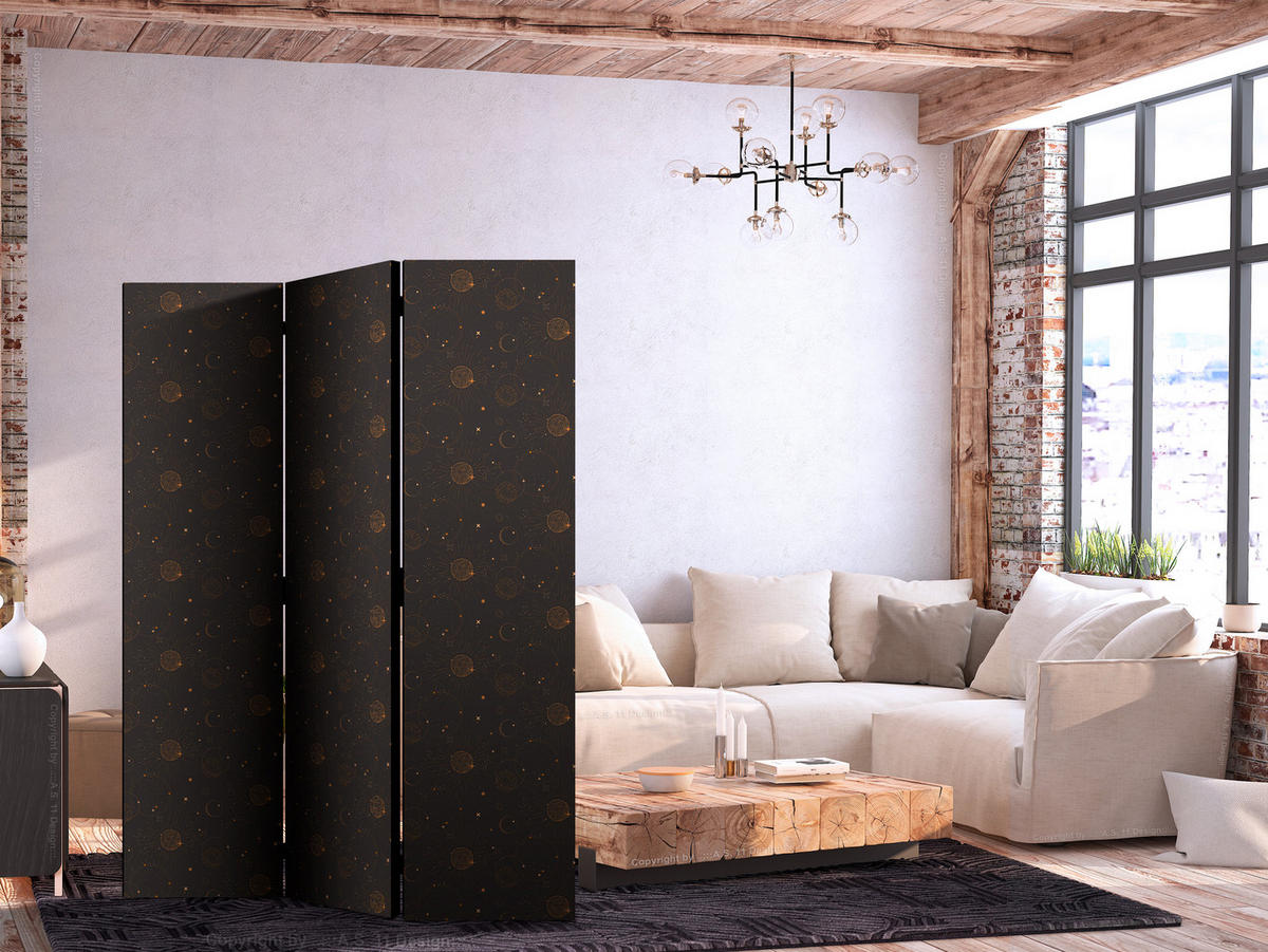 PARAVENT Akustik 3-tlg 135x172 cm Sonnen Sterne Boho - Braun, Holz/Textil (135/172/3cm) - Muralo