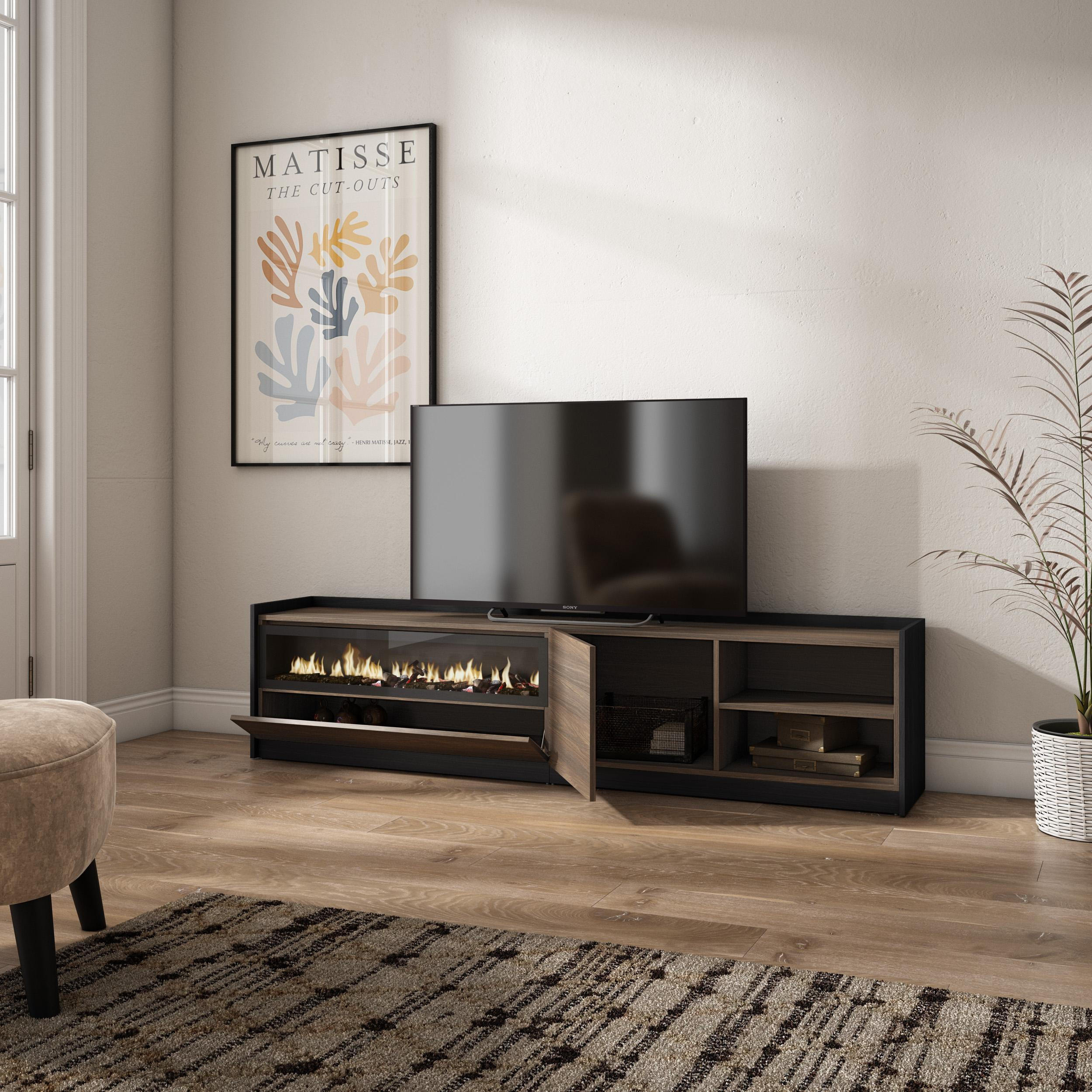 TV-SCHRANK, Dunkler Eiche und Schwarz, Elektrokamin, 207/37/50cm - Dunkelbraun, Holzwerkstoff (207/50/37cm) - Skraut Home