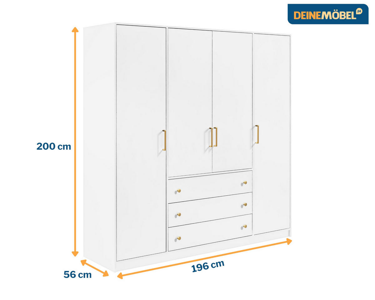 DREHTÜRENSCHRANK CLASSIC 200/196/58 cm in Weiß/Gold - Goldfarben/Weiß, Holzwerkstoff (196/58/200cm) - Deine Möbel 24