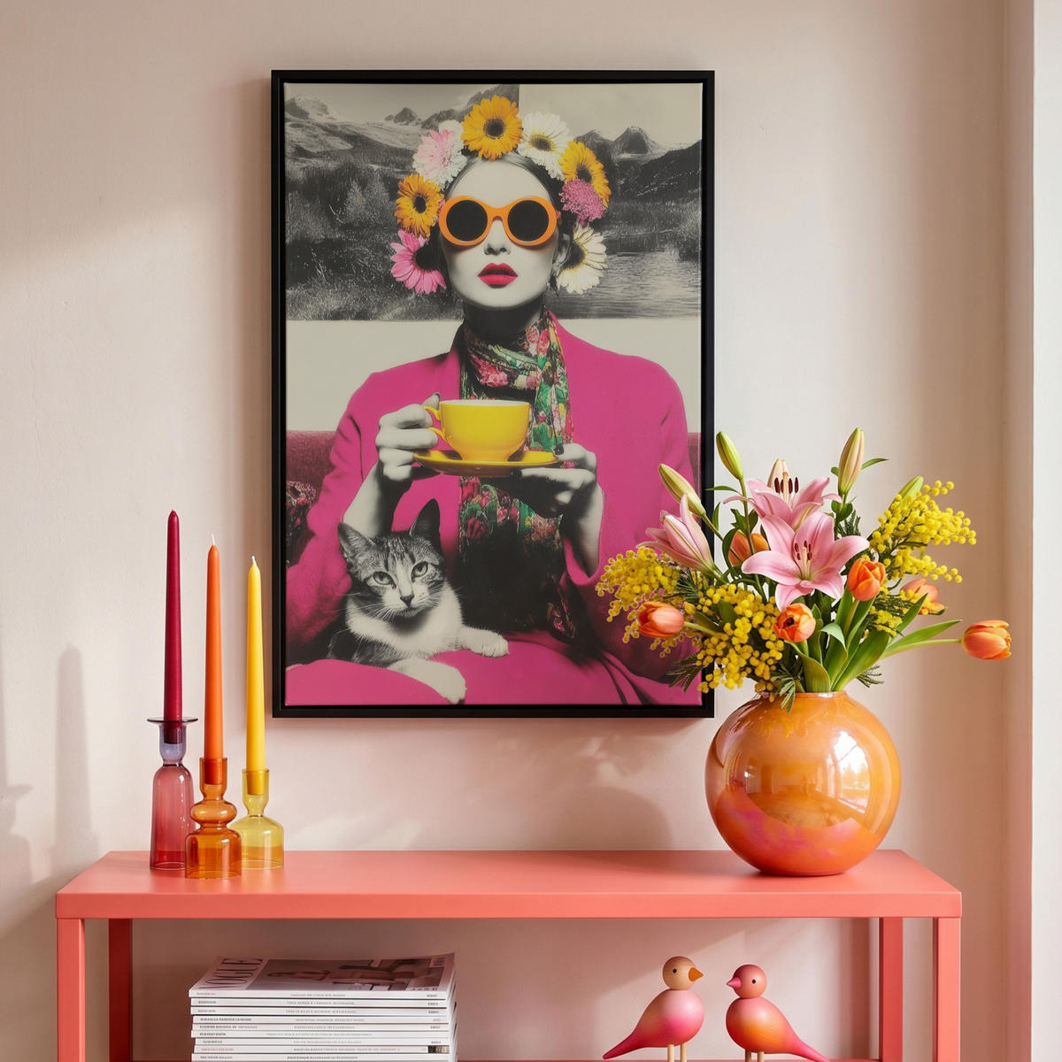 LEINWAND Bilder mit Rahmen - Frau - Katze - Blumen - Tasse - Retro - 40x60 - Magenta, Textil (40/60cm) - MuchoWow