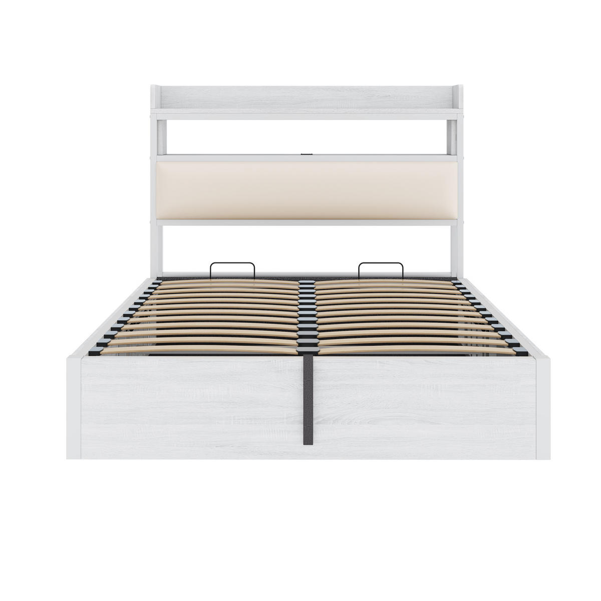 BETTRAHMEN 140/200 cm mit hydraulischer Hebevorrichtung und USB-Anschlüssen Weiß - Weiß, Metall (140/200cm) - OKWISH