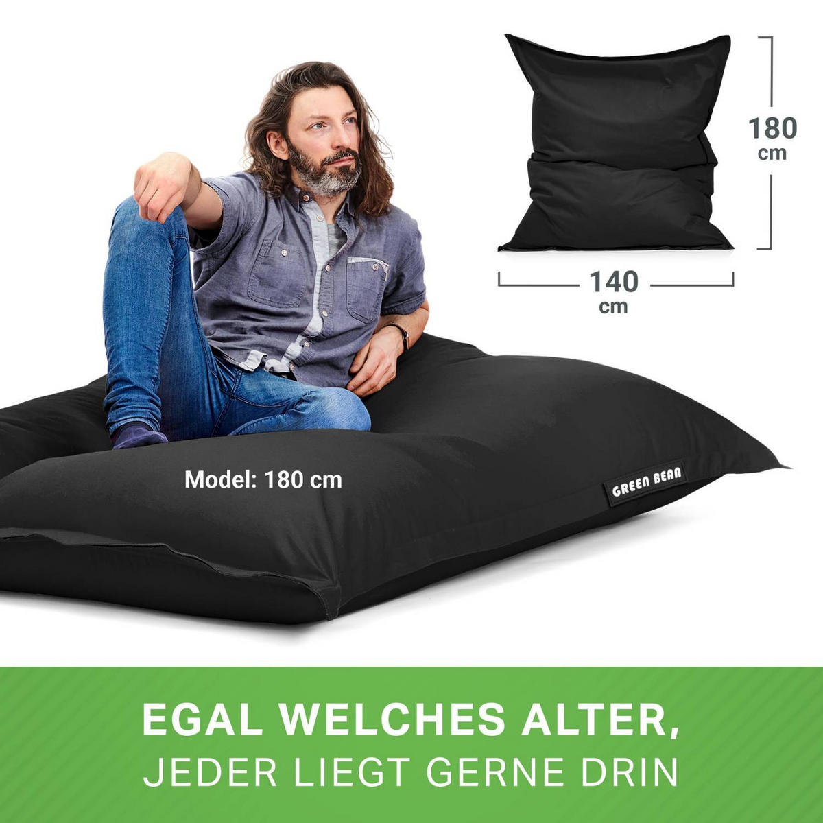 SITZSACK XXL "Square" 140x180cm - 380 L - Schwarz, Textil (140/25/180cm) - Green Bean