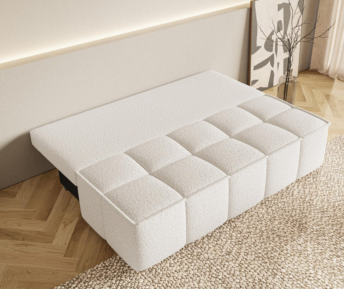 SCHLAFSOFA LORA, Sofa mit Schlaffunktion und Bettkasten, Farbe: Beige, Bouclé-Stoff - Beige, Textil (196/90/85cm) - Sepro Meble