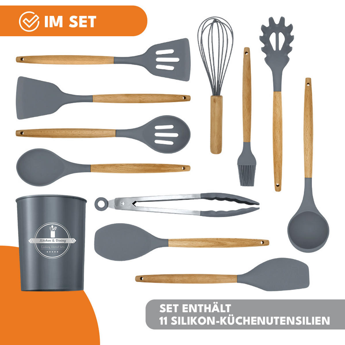 KÜCHENUTENSILIEN Set 11-Teilig - Grau, Kunststoff (5/10/10cm) - KRUMAD