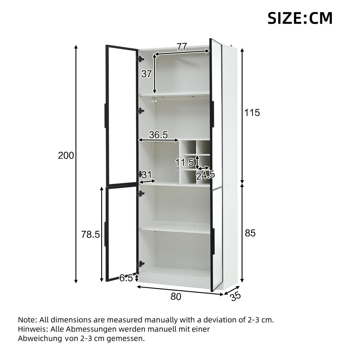 VITRINE aus Spanplatte 80x35x200 cm Weiß mit Glastüren, LED-Beleuchtung und Weinfach - Weiß, Holzwerkstoff (80/200/35cm) - Modfu