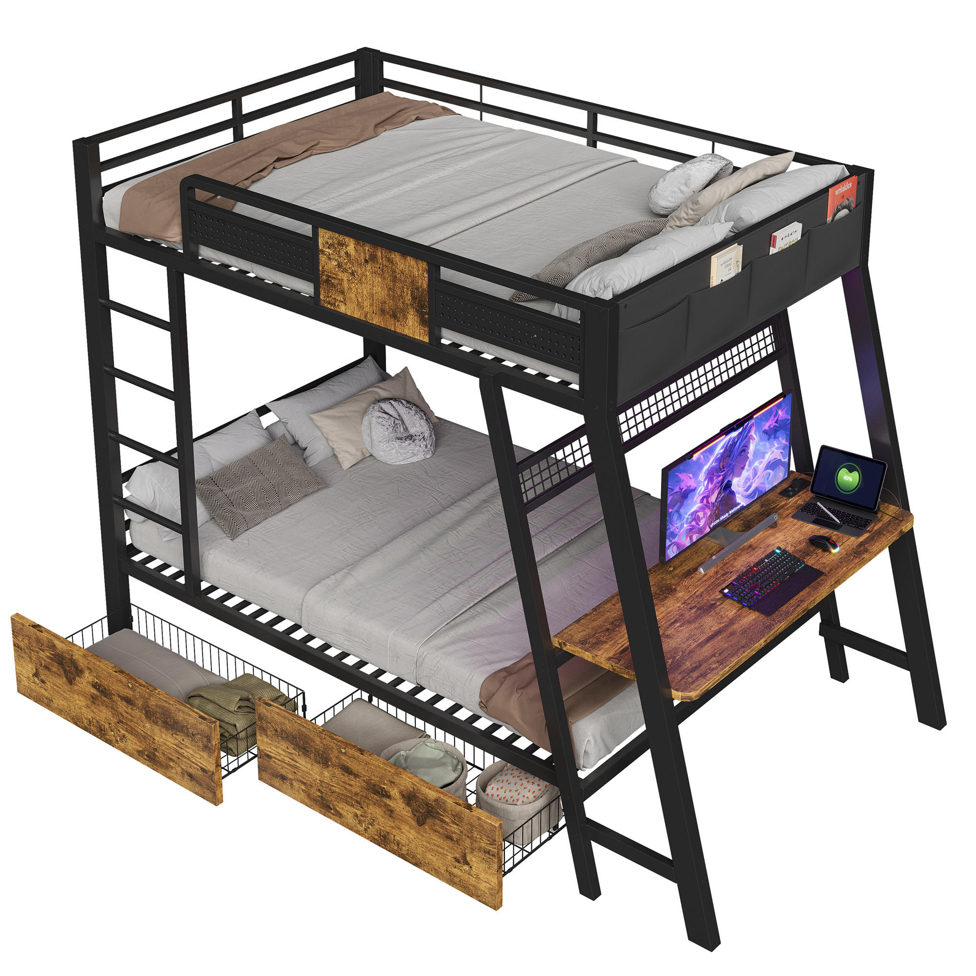 ETAGENBETT 90x200cm Metall Gaming Schreibtisch LED USB Schwarz - Schwarz, Metall (90/200cm) - FLIEKS
