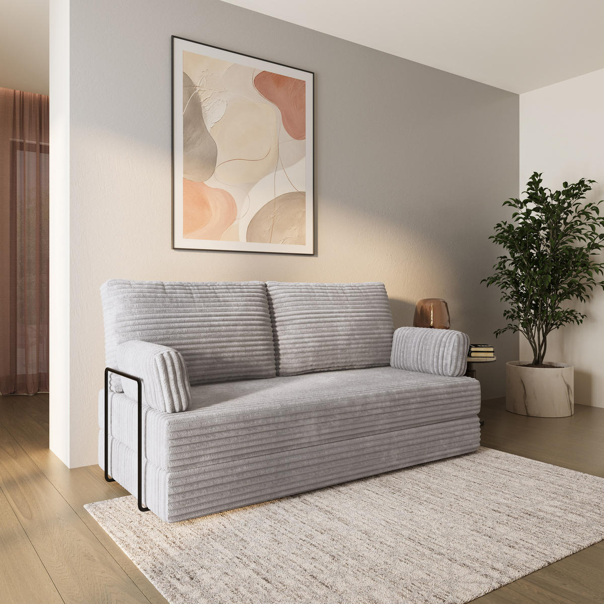 BETTSOFA SILAR aus Schaumstoff Cordstoff Hellgrau Schlaffunktion - Grau, Textil (170/86/80cm) - MASSENO