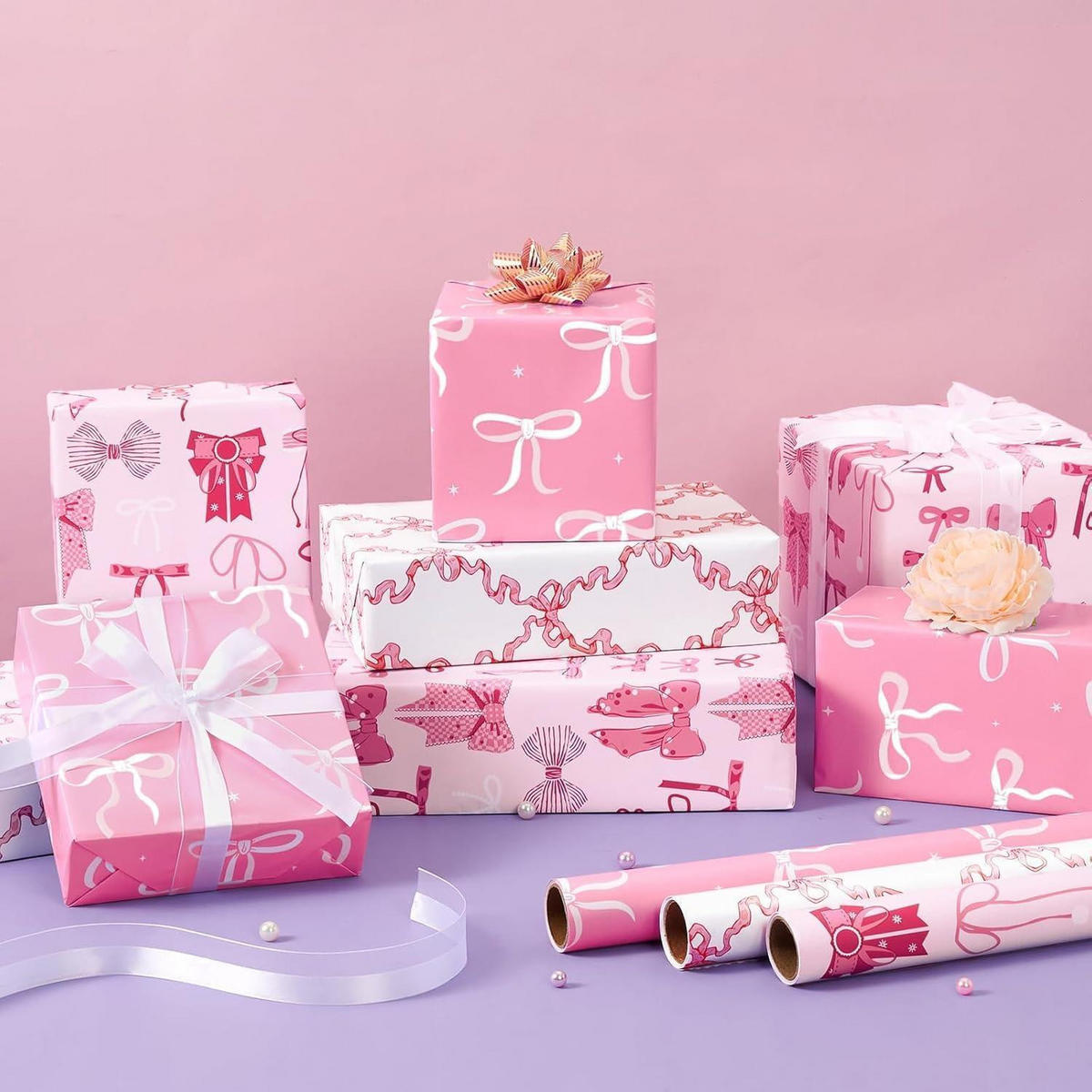 GESCHENKPAPIER 3 Rollen Set Rosa Schleife 43 cm x 3 m - Rosa, Papier (0.1/0.1/0.1cm)
