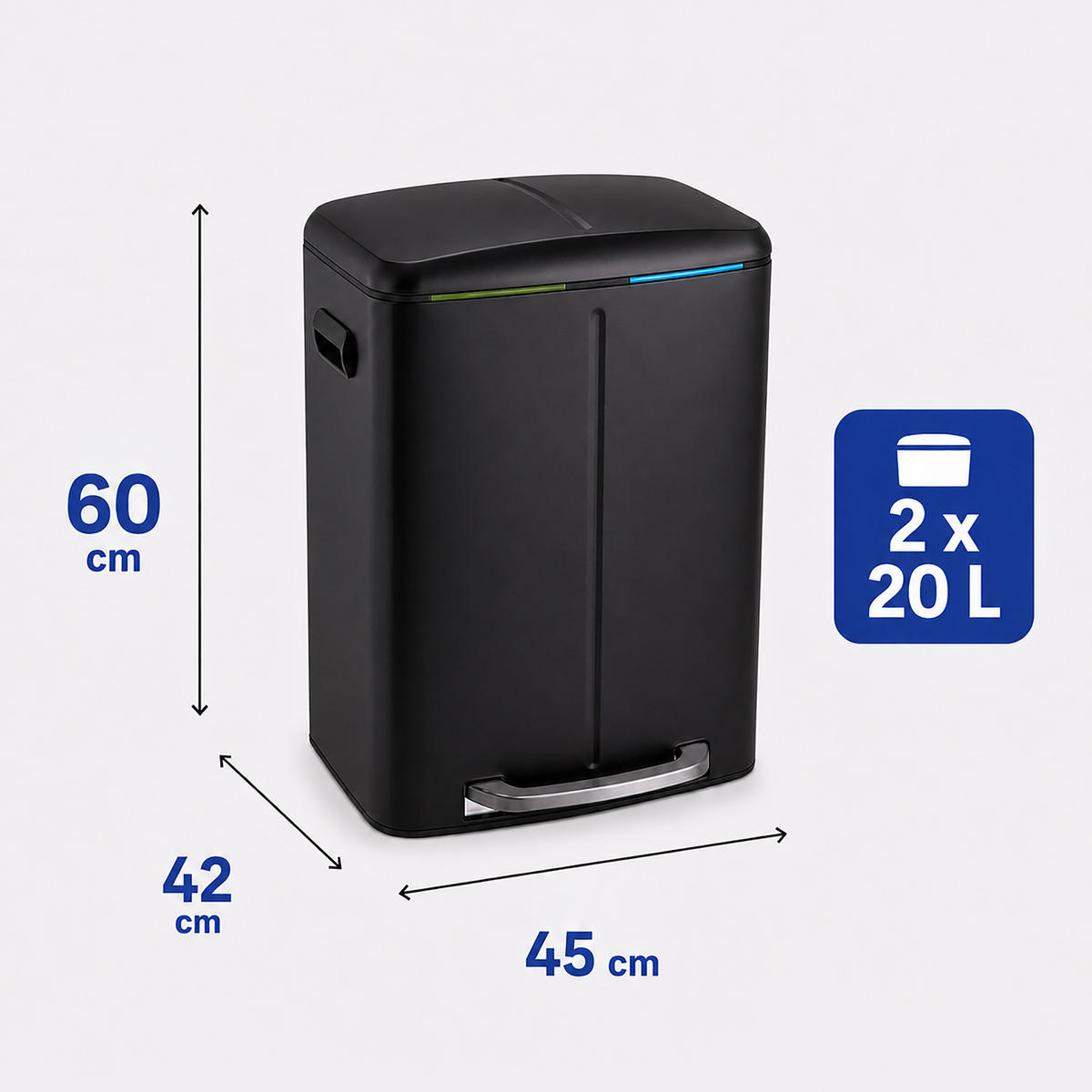 MÜLLEIMER Schwarz 2-Fächer Edelstahl Softclose Fußpedal 2x20 l - Schwarz, Kunststoff/Metall (45/60/42cm) - Relaxdays