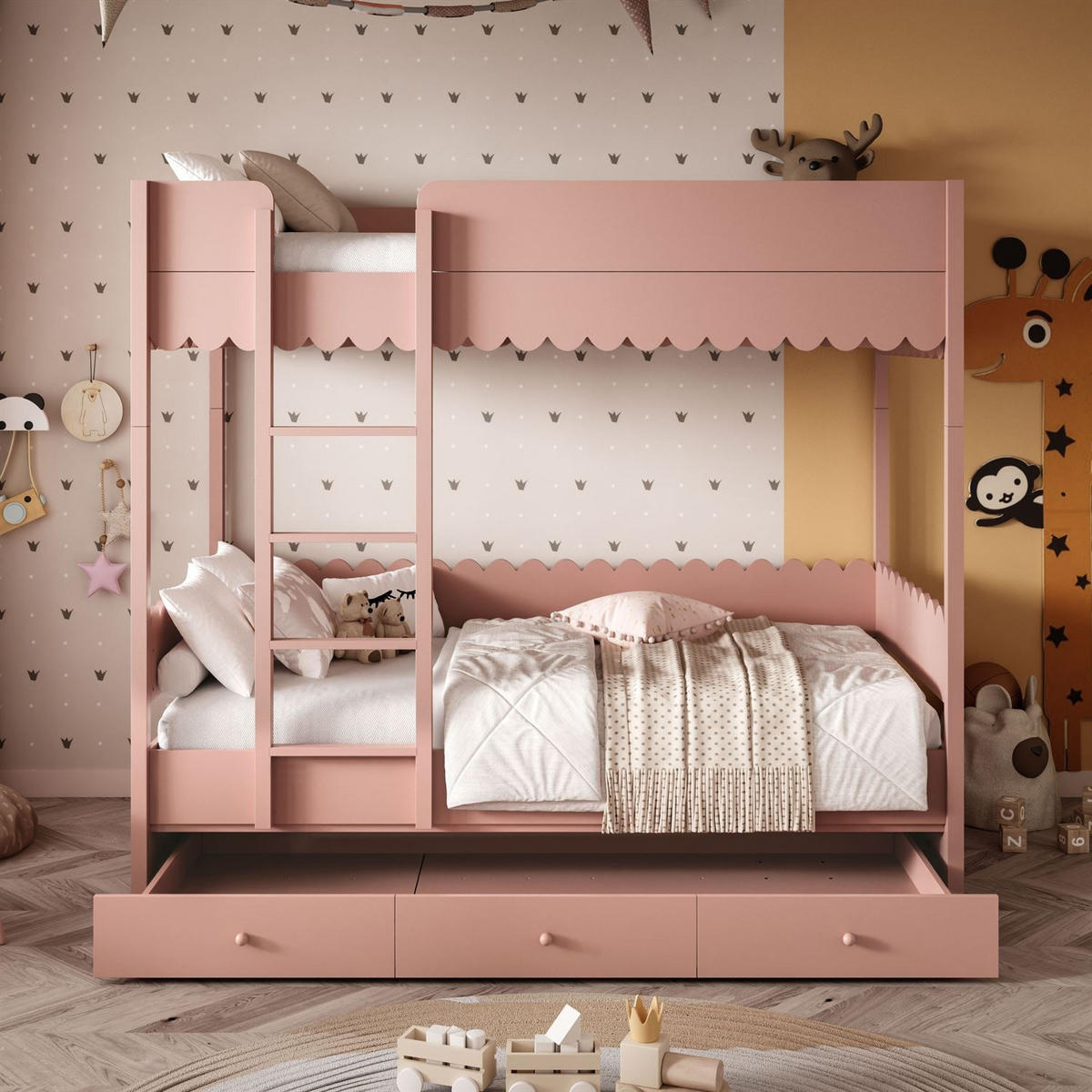 ETAGENBETT BABUSHKA – Etagenbett 90x200 cm, mit zwei Matratze, Natürlich Rosa - Rosa, Holzwerkstoff - Lookway