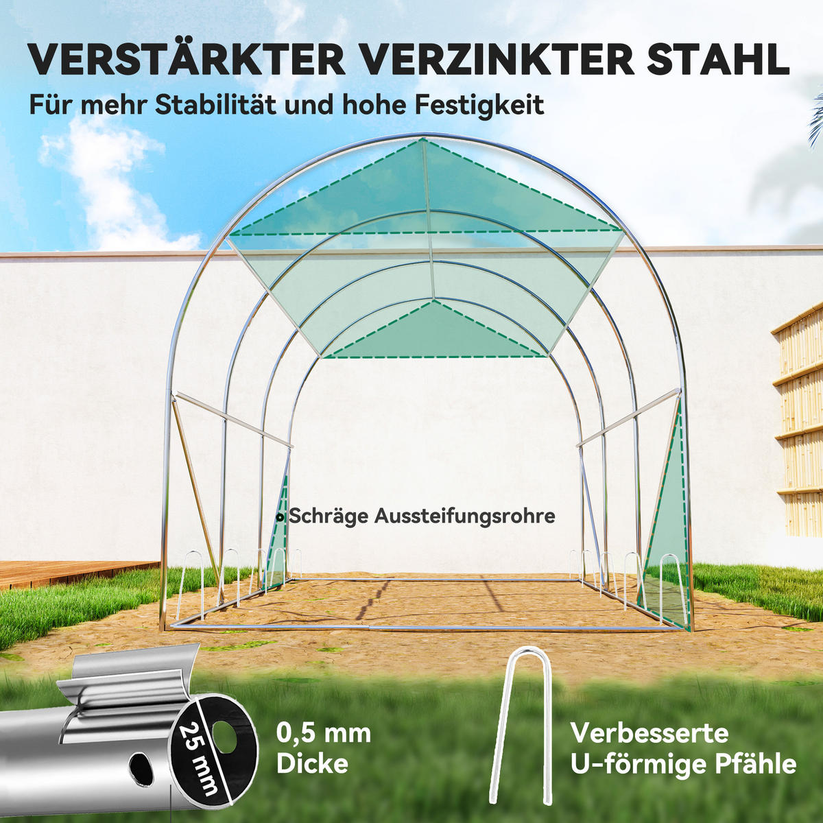 POLYTUNNEL-GEWÄCHSHAUS DE-05775 Mit Sonnenschutznetz, rollbaren Seitenwänden Grün - Grün, Kunststoff/Metall (200/198/300cm) - ComfortXL