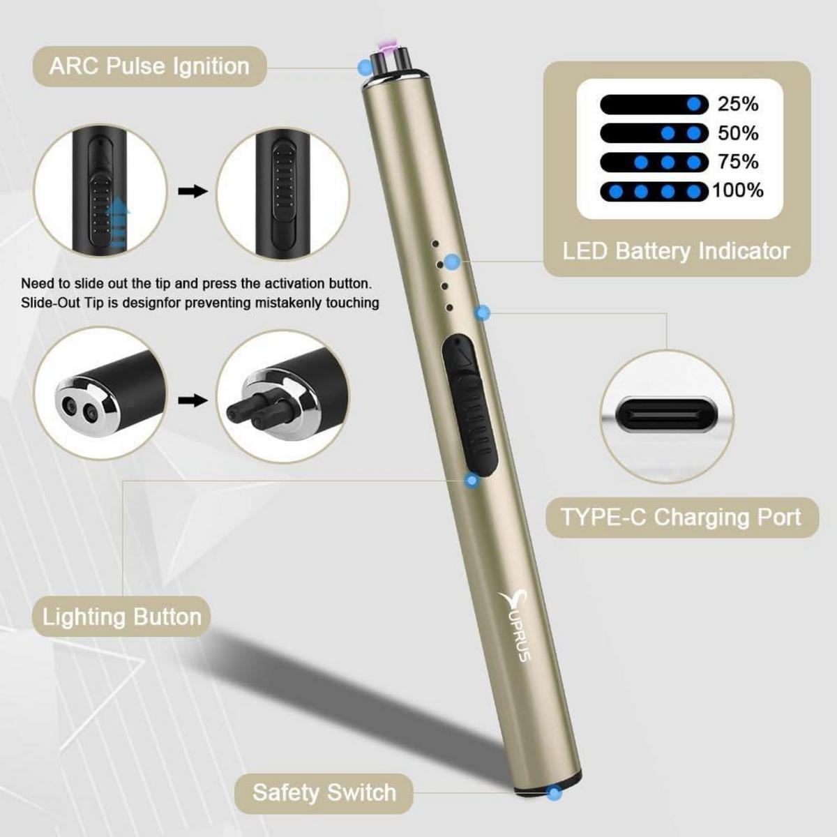 ELEKTRISCHES Feuerzeug USB-C Arc winddicht mit Ladeanzeige Gold - Goldfarben, Metall (1.7/1.5/17.1cm)