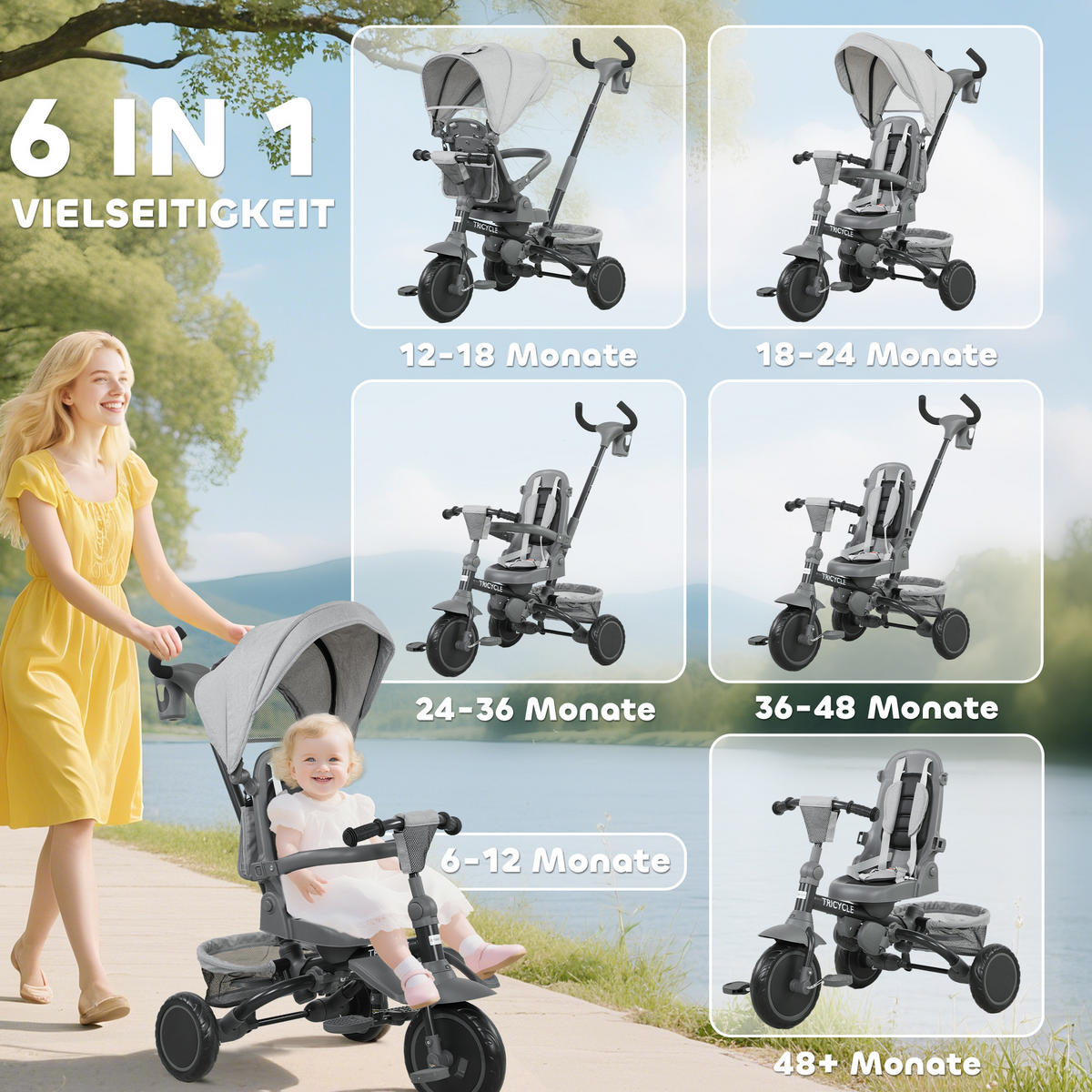 DREIRAD 6in1 mit Schubstange für 1-5 Jahre Kinderdreirad mit drehbarem Sitz Grau - Grau, Metall (111.5/52/98cm) - AIYAPLAY