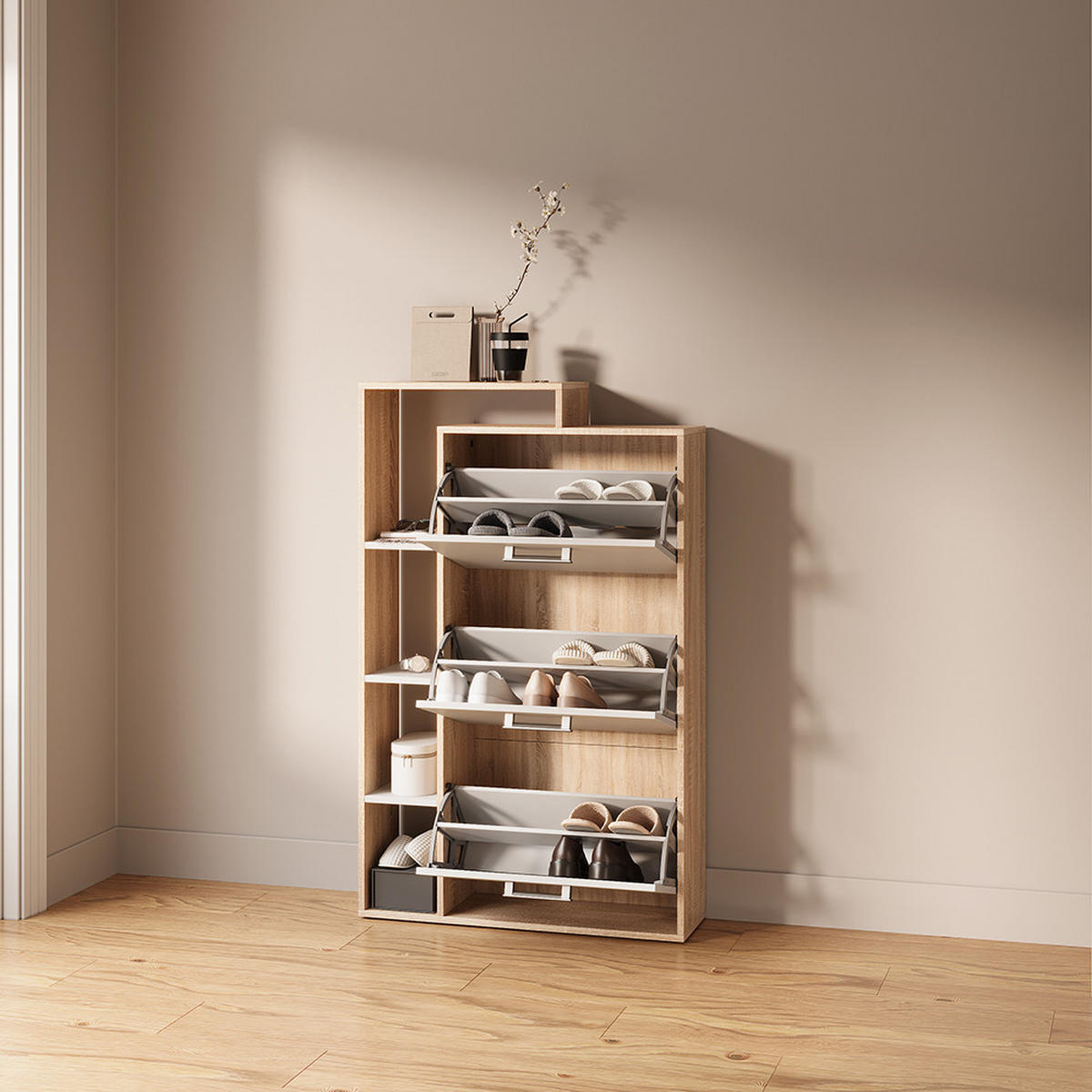 SCHUHKIPPER Ortello Weiß/Sonoma 80 x 128.3 cm mit 3 Fächern - Weiß/Sonoma Eiche, Holzwerkstoff (80/128.3/24.2cm) - Livinity®