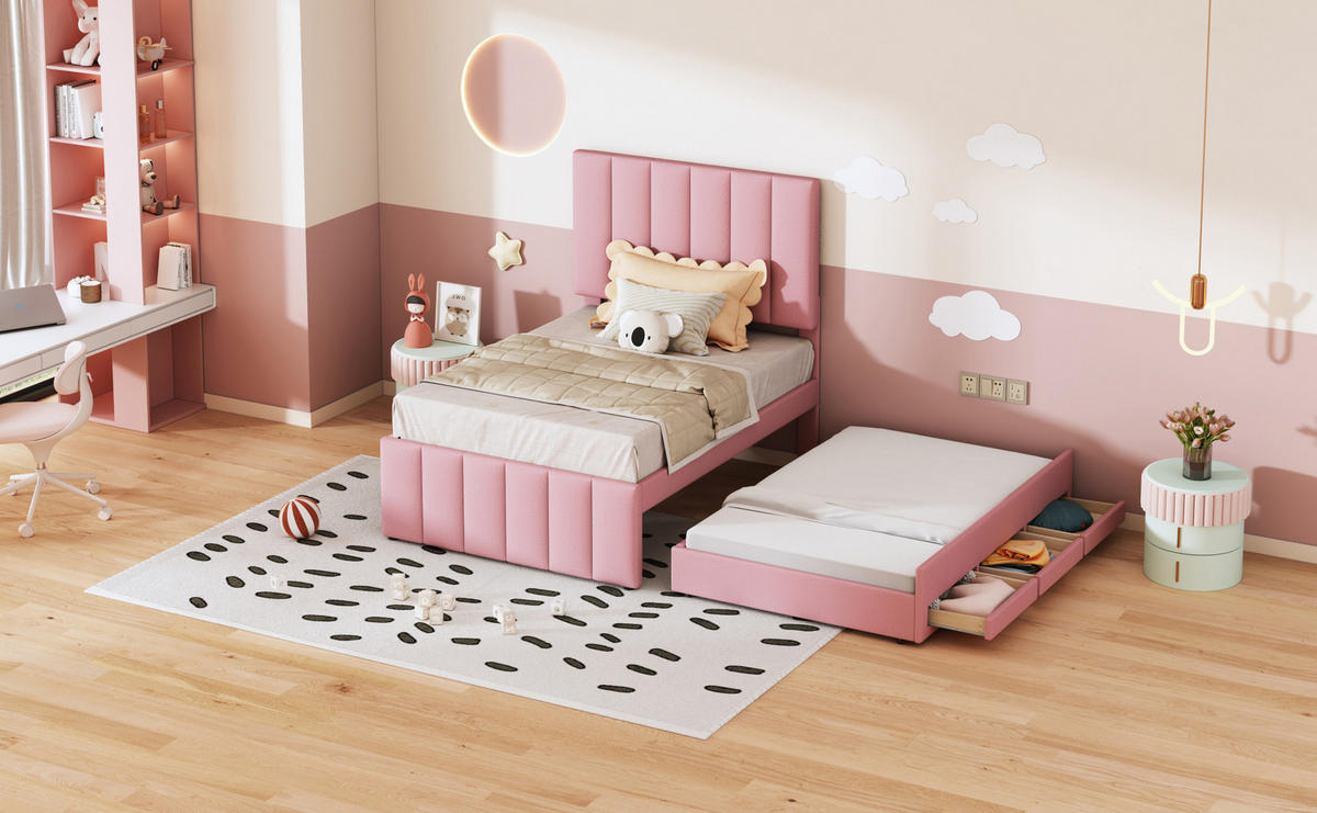 POLSTERBETT 90/200 cm Rosa aus Leinen mit Rollbett und Schubladen - Pink, Textil (90/200cm) - OKMYHOME